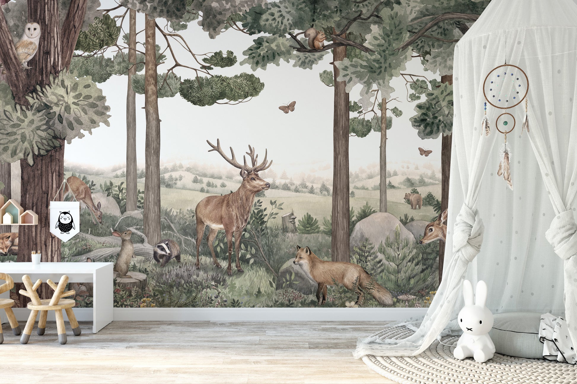 Stag and deer wallpaper mural for a serene woodland decor