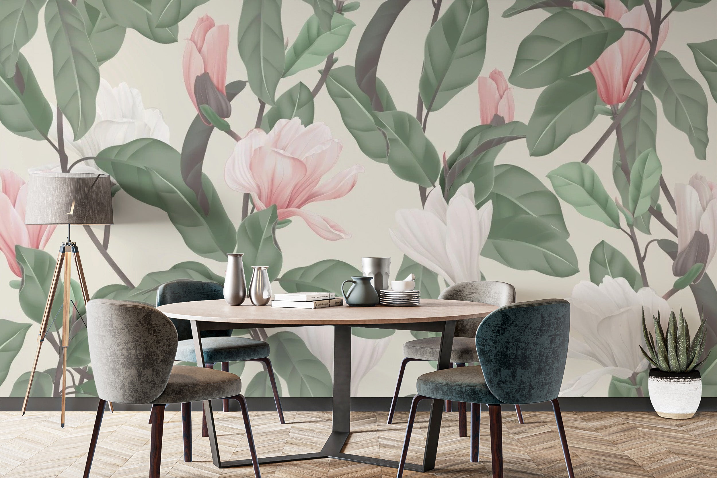 Magnolia mural wallpaper with white & pink tones
