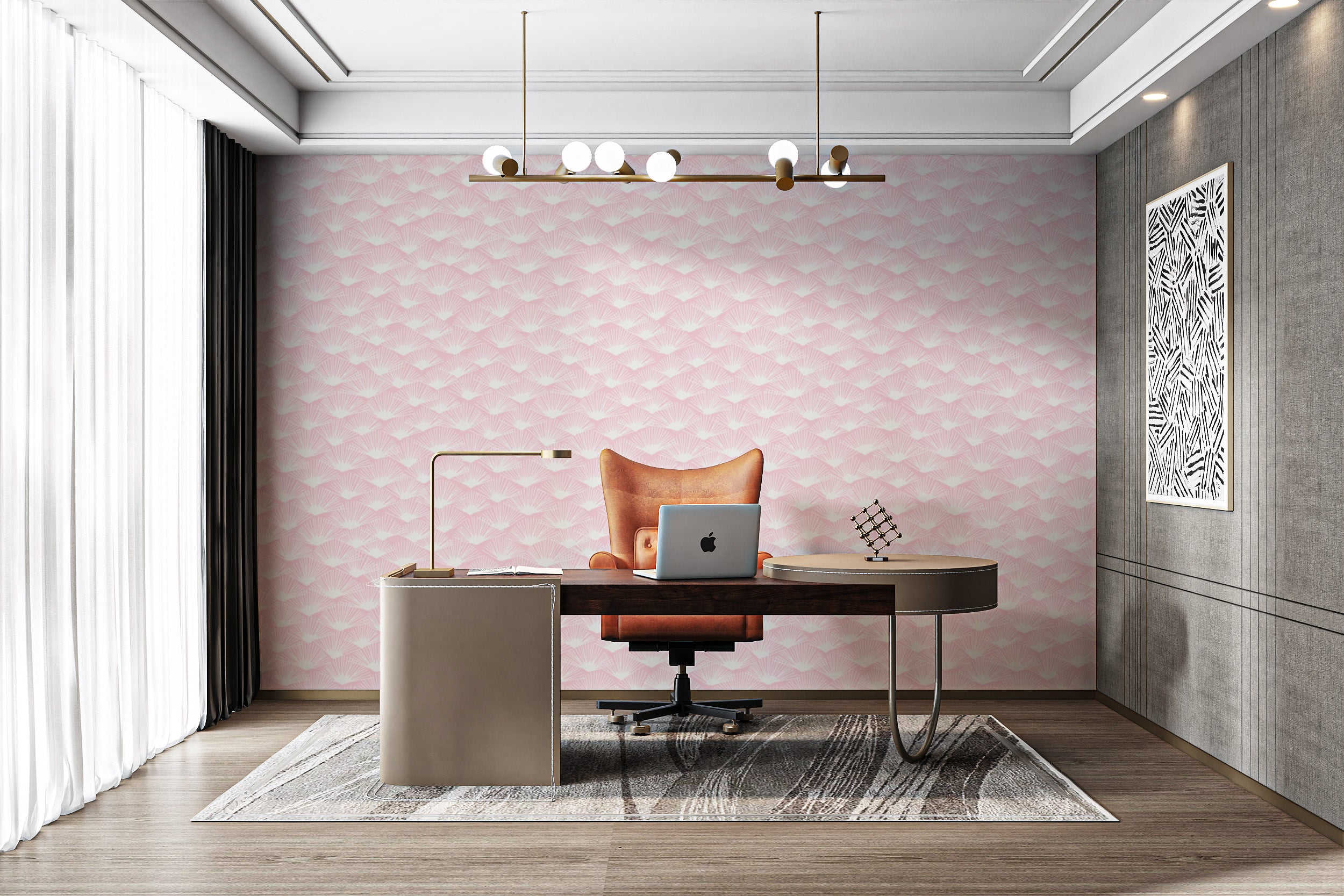 Warm Tropical Blush wallpaper with delicate fan motifs.
