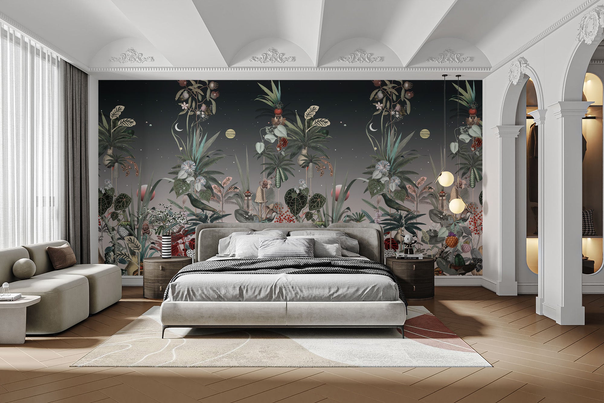 Midnight botanic design adding depth to a minimalist bedroom.