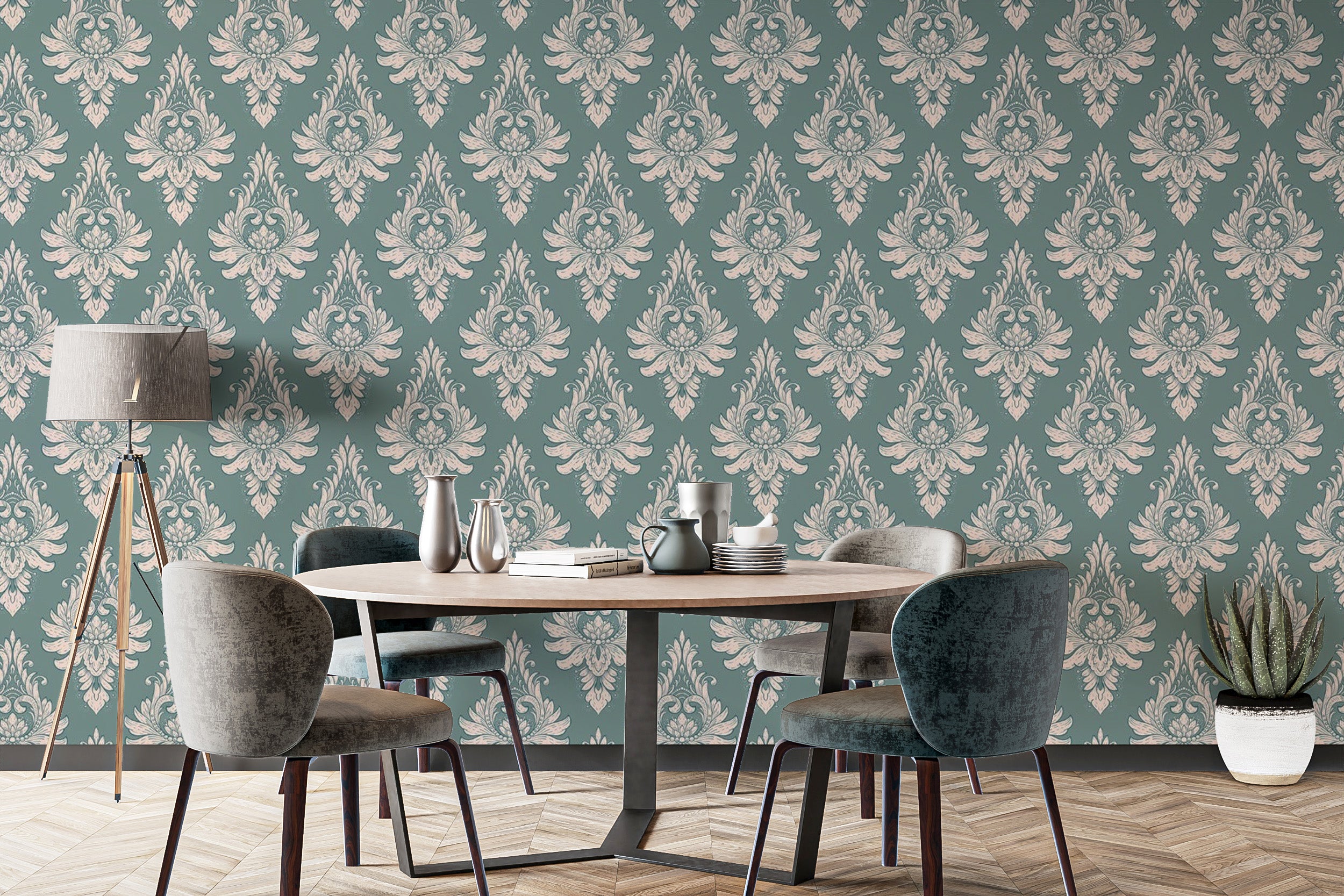 Easy Apply Green Damask Pattern Wallpaper