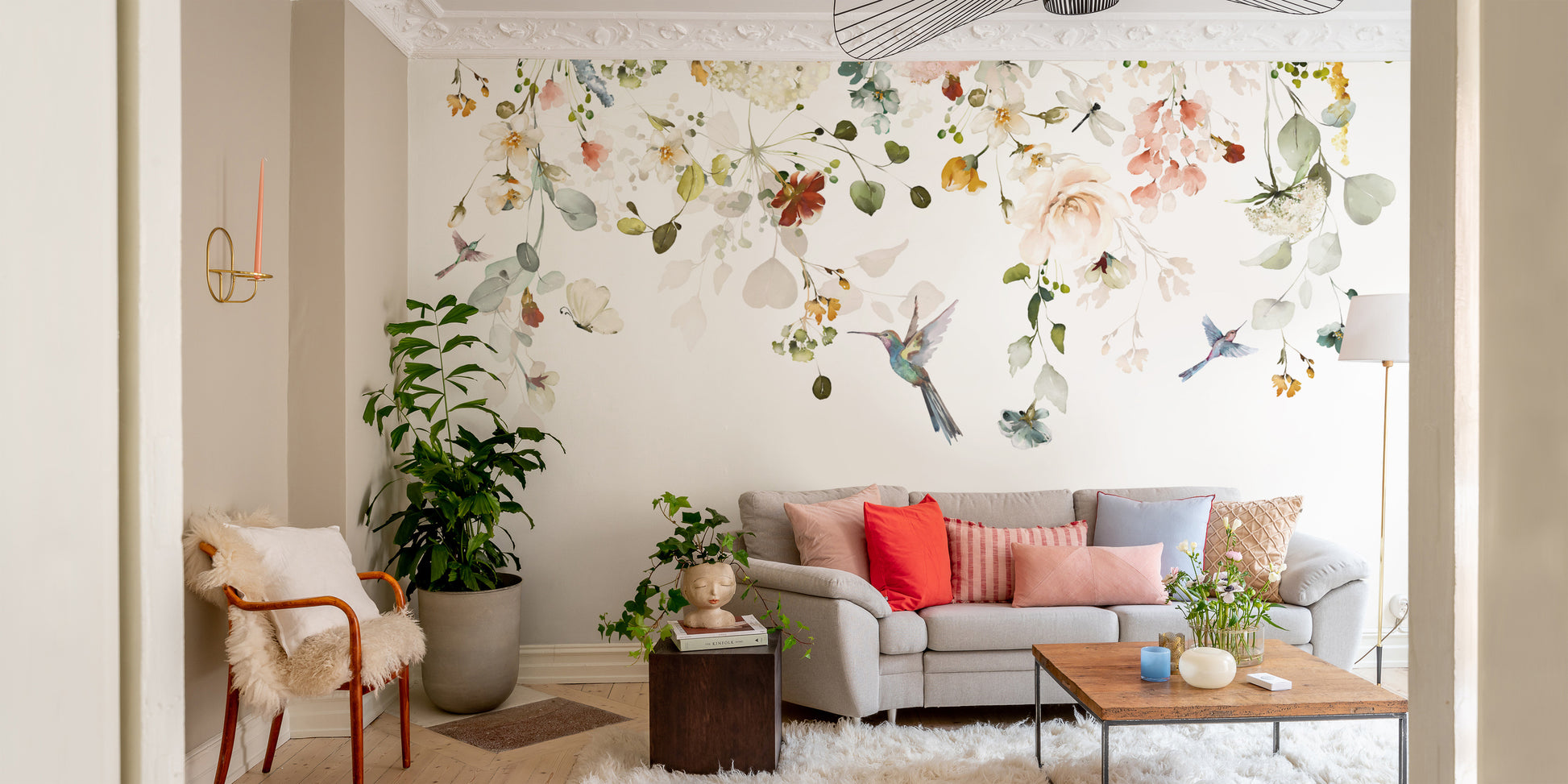 Elegant Bird and Floral Pattern Mural
