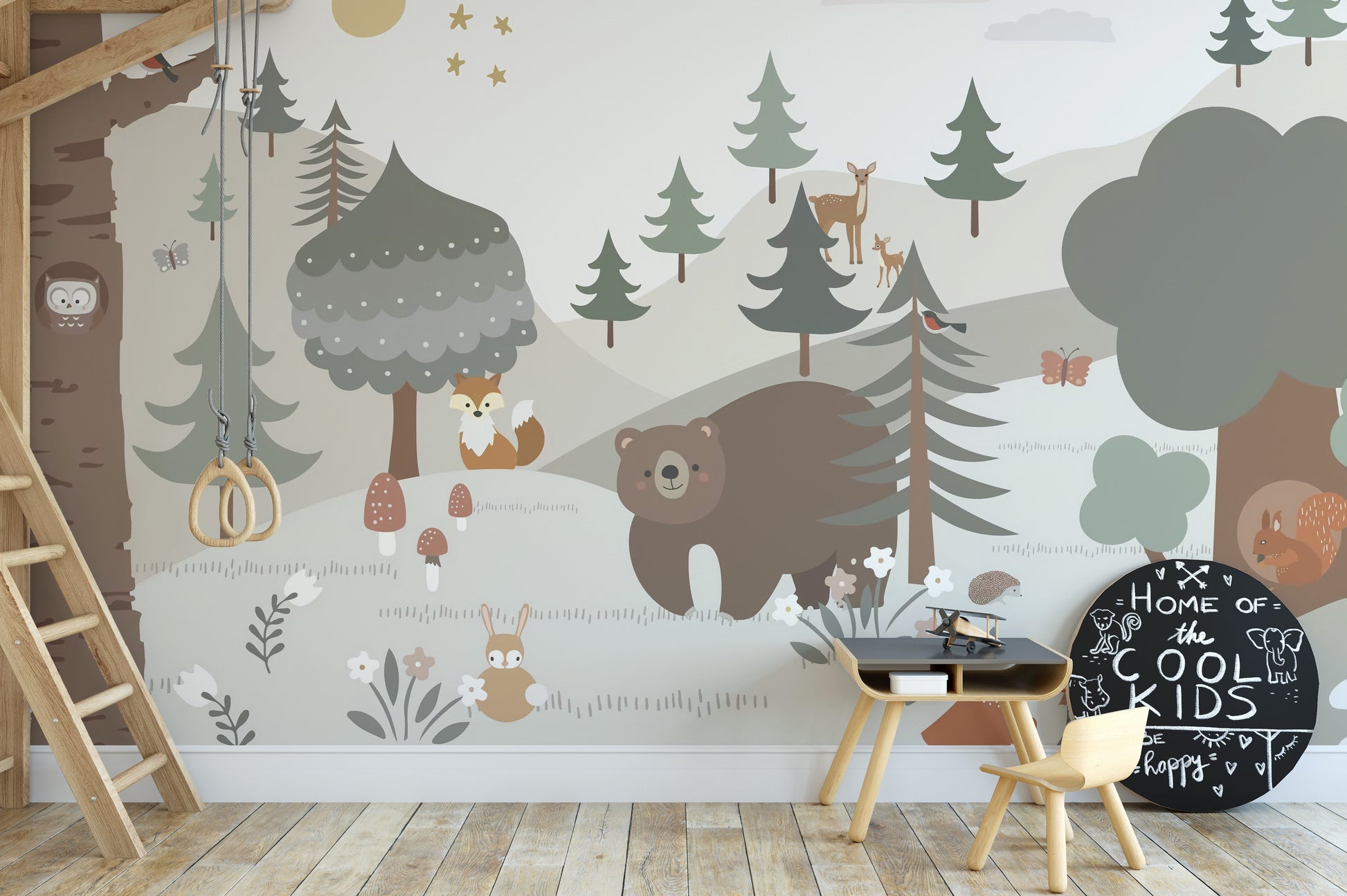 Whimsical snow forest mural for kids' room
