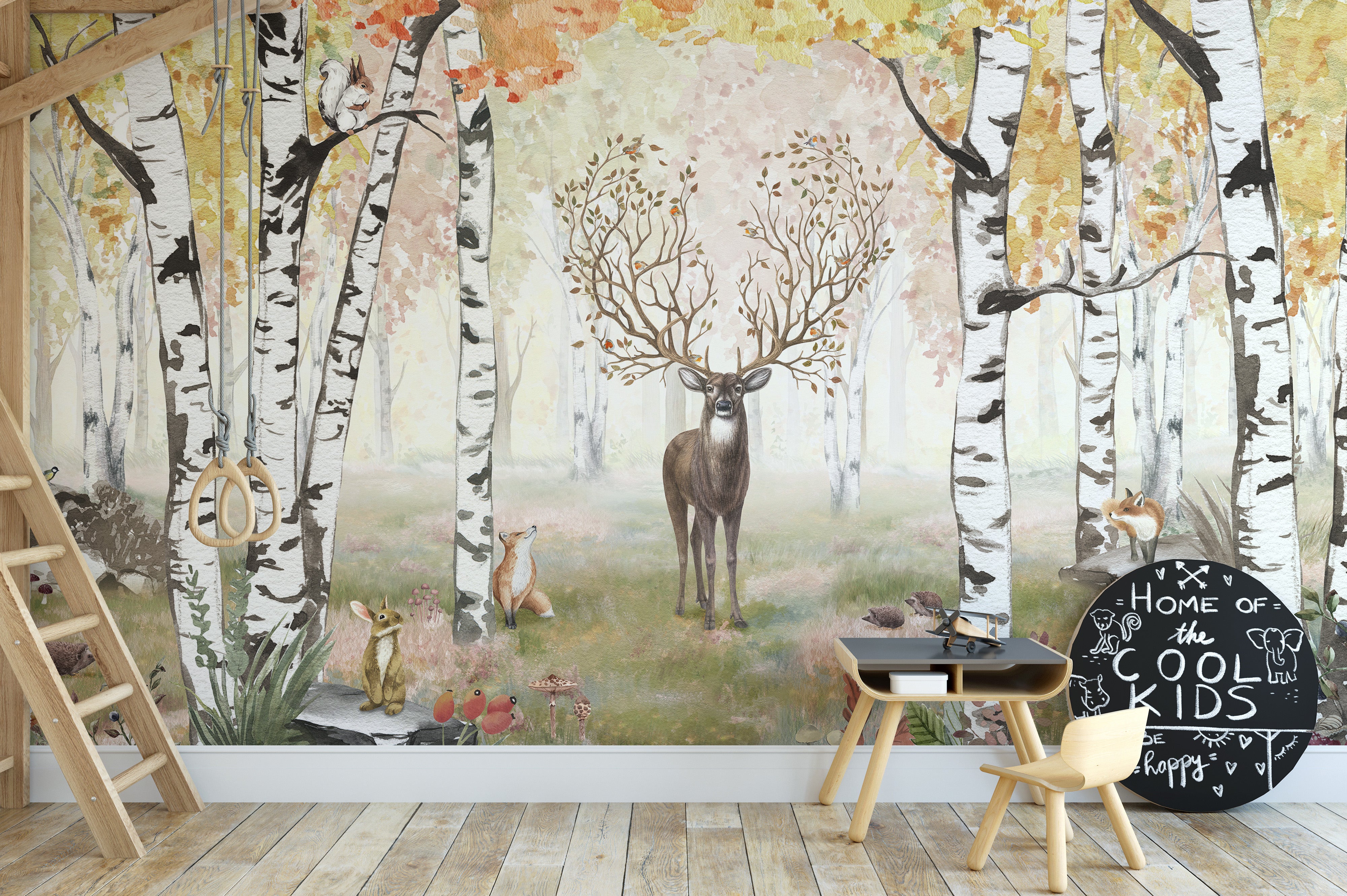 Magical autumn forest with a deer and woodland friends.