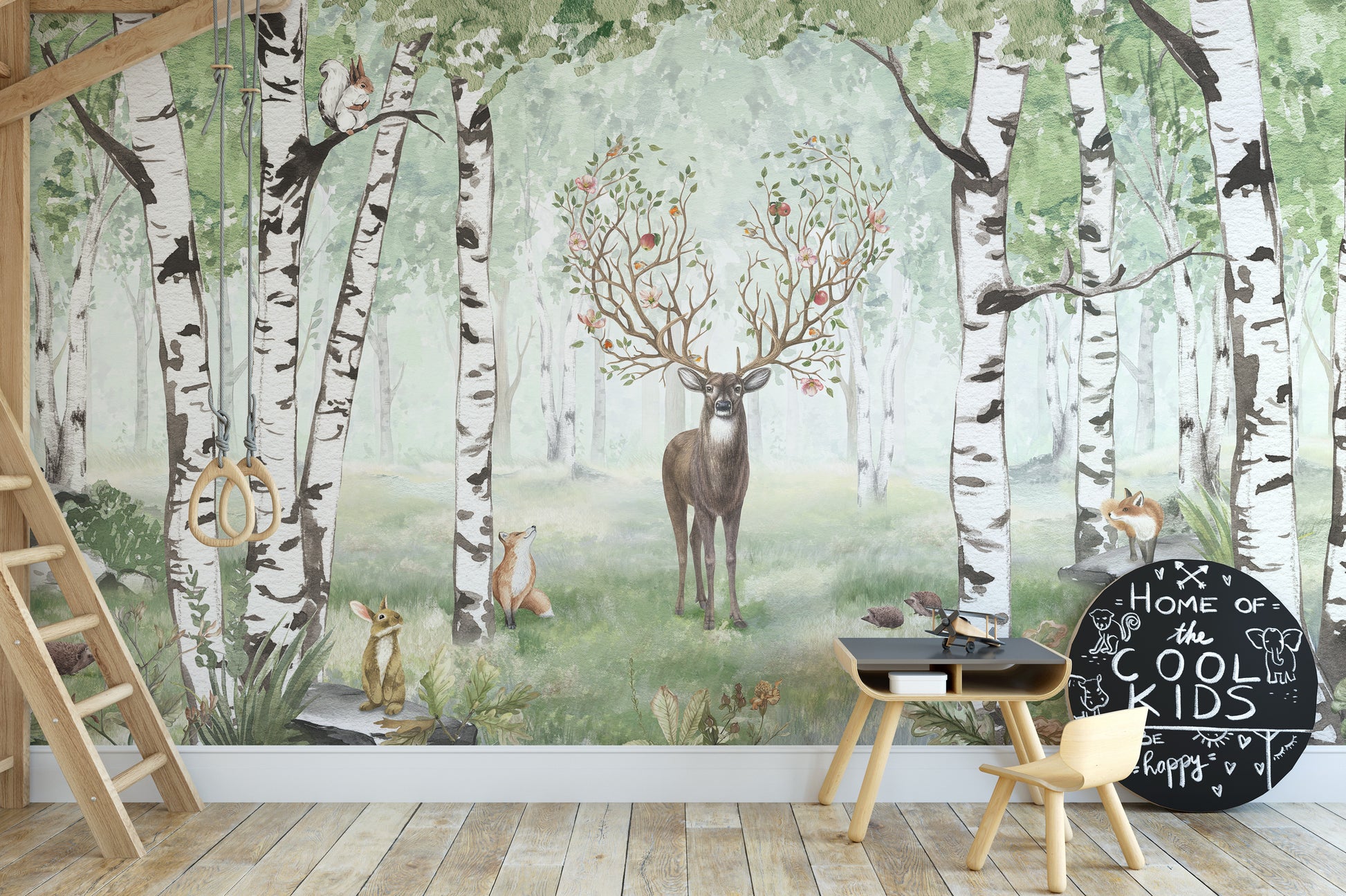 Playful forest creatures and deer in a vibrant summer scene.