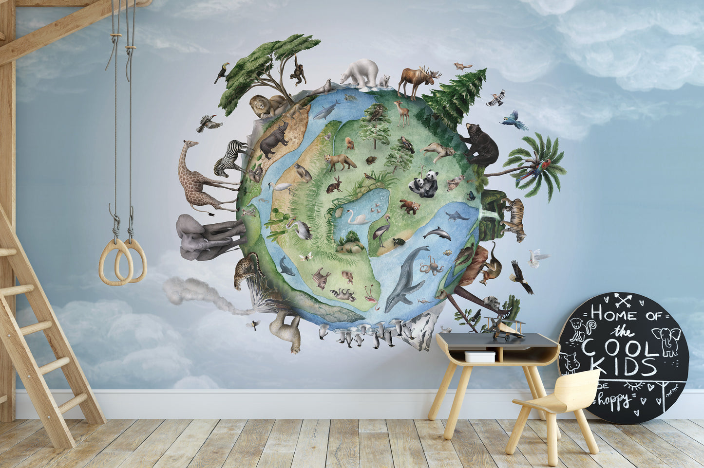 Wildlife-inspired Earth mural with trees, water, and animals