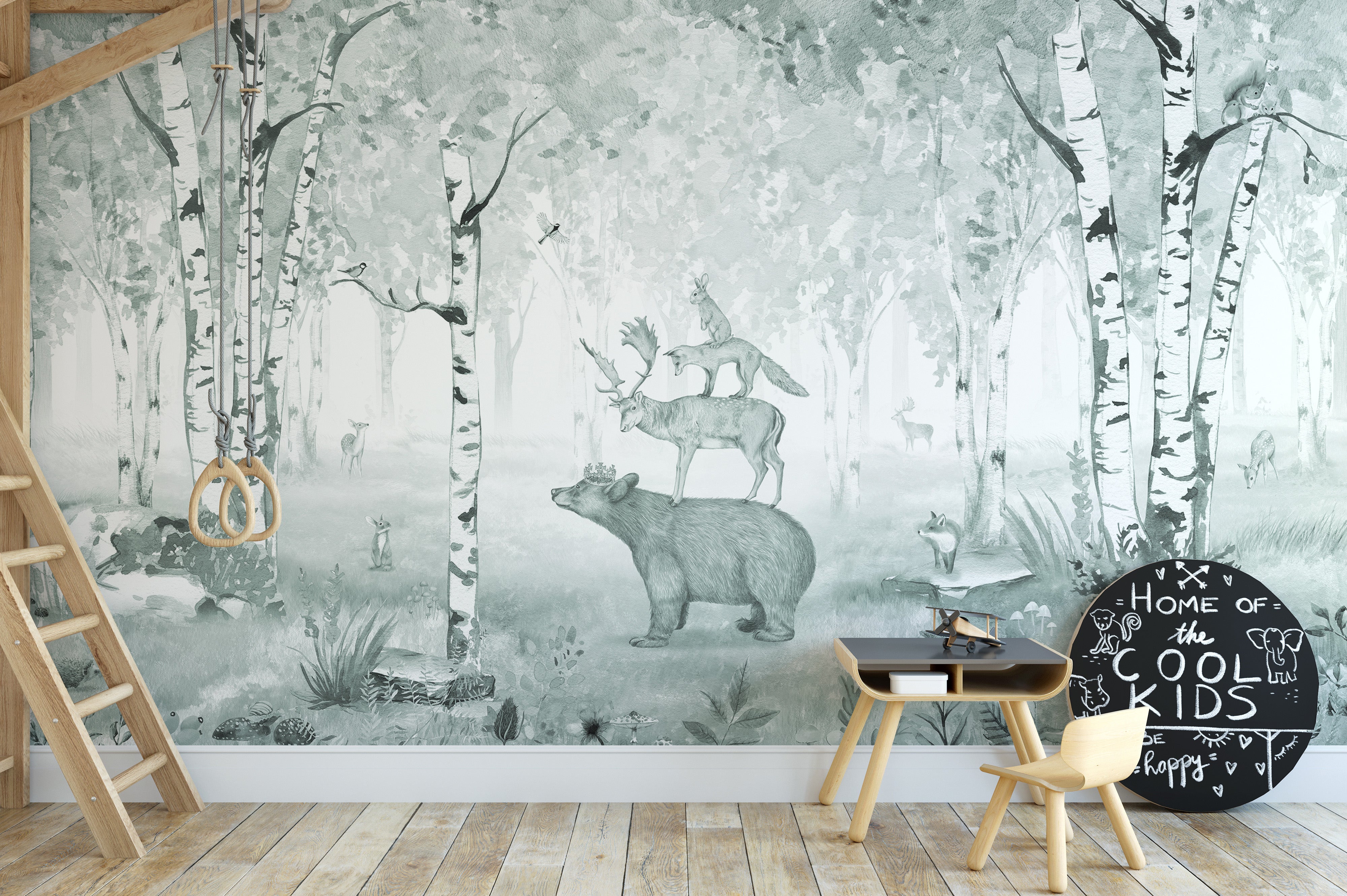 Blue Bear King wallpaper with wildlife and birch tree forest