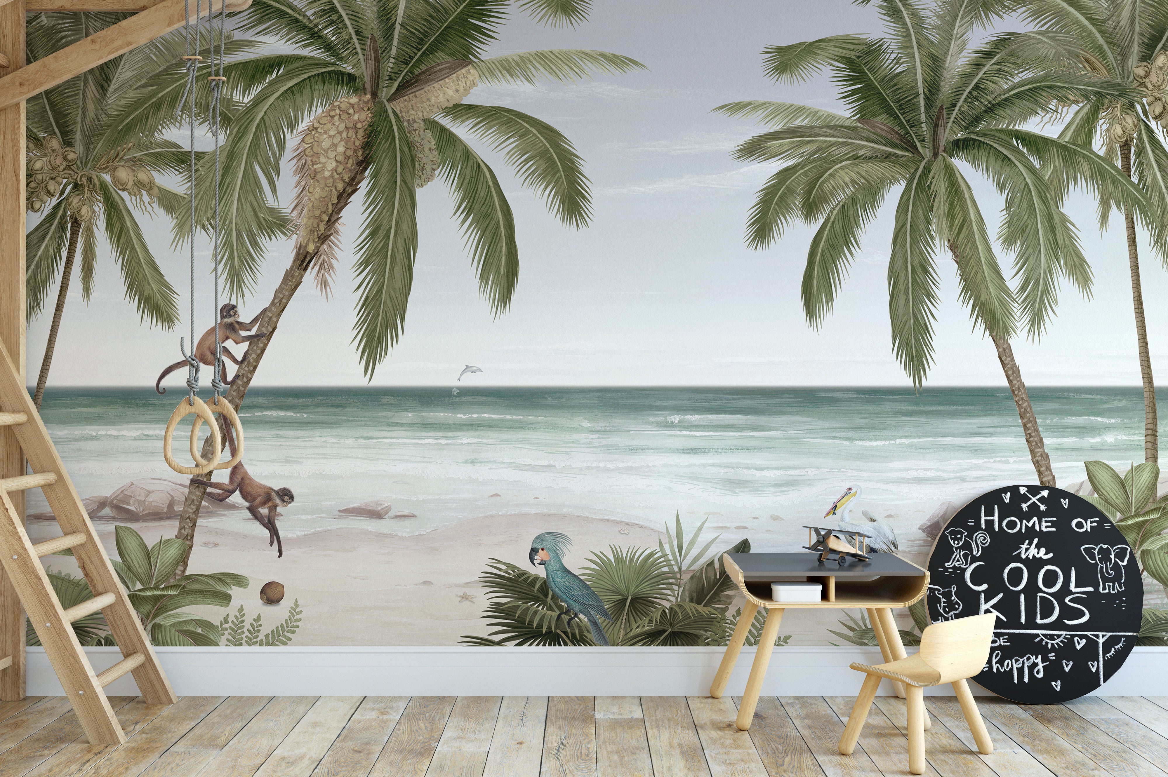 Wallpaper mural featuring beach, tropical trees, and ocean waves