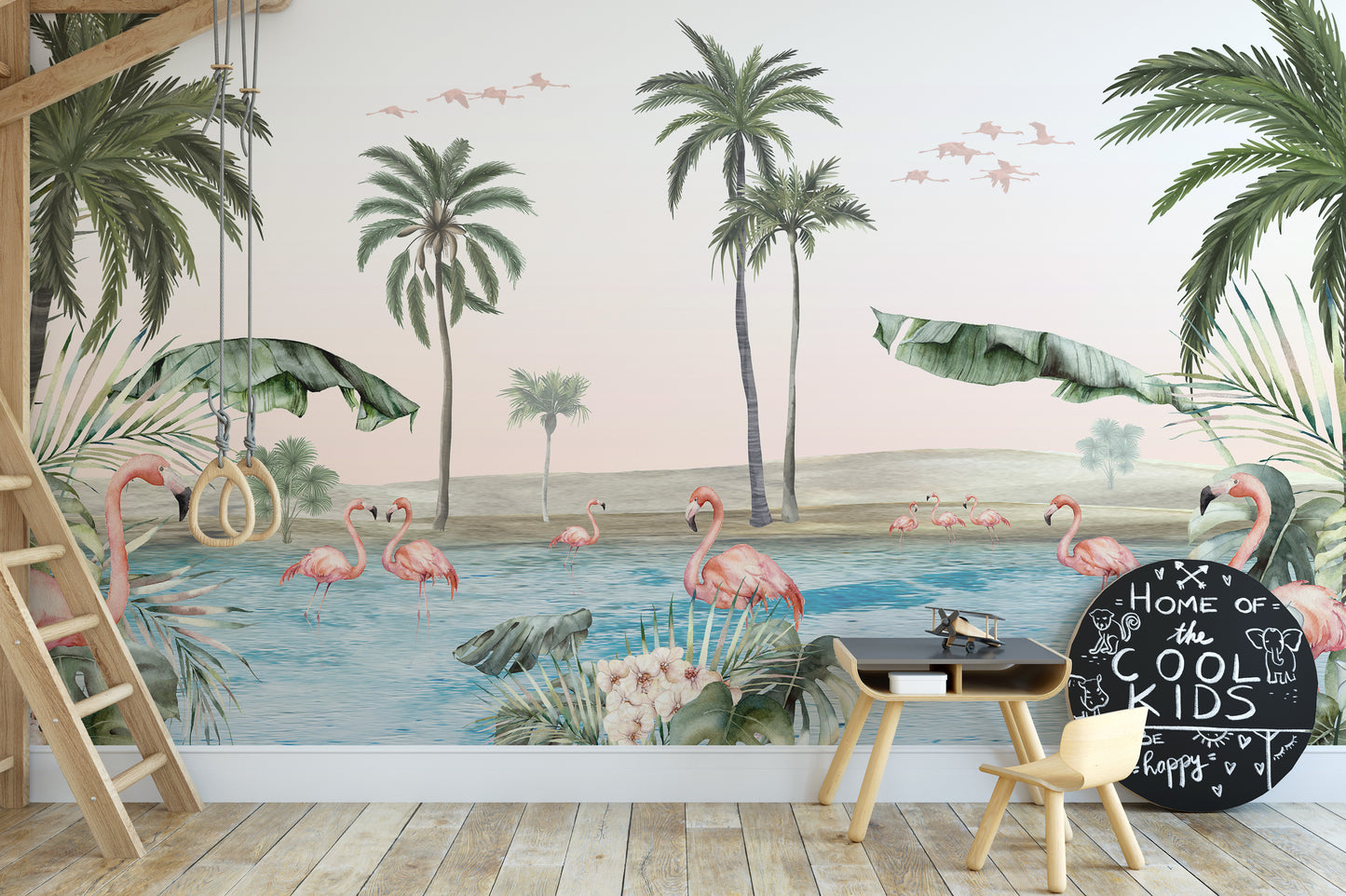 Flamingo oasis with pink background wallpaper