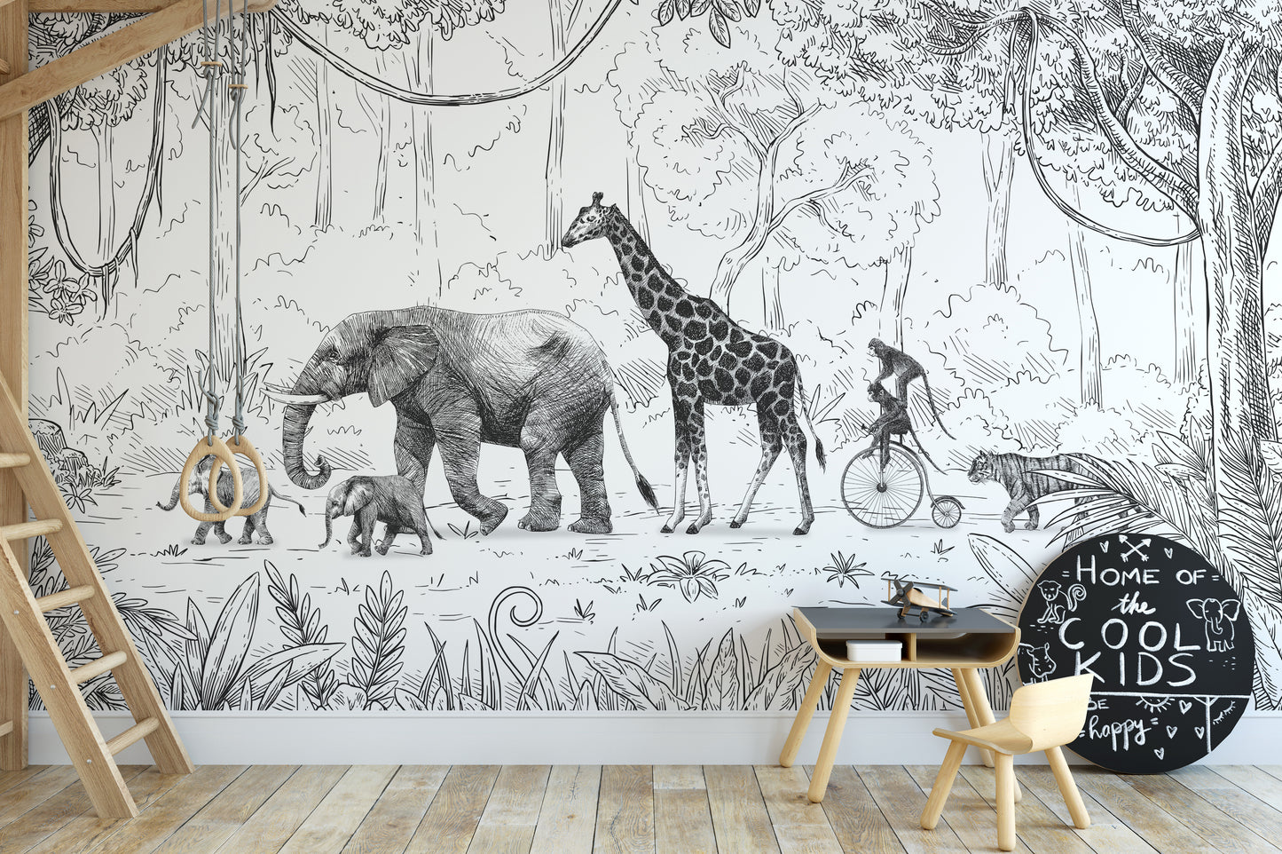 Animal Parade Black and White Wall Mural