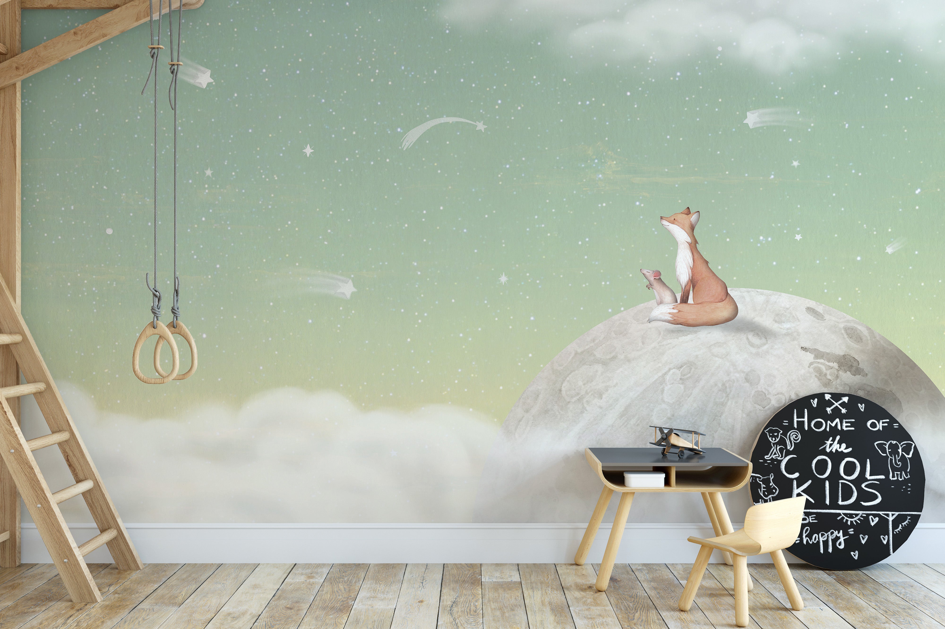 Fox on the moon green wallpaper for kids rooms