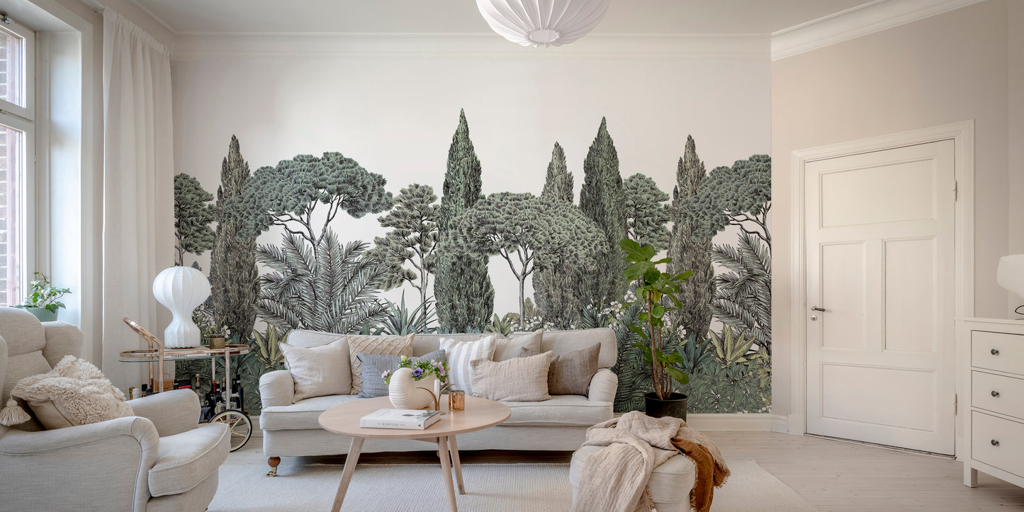 Lush greenery garden wallpaper mural with forest ambiance.
