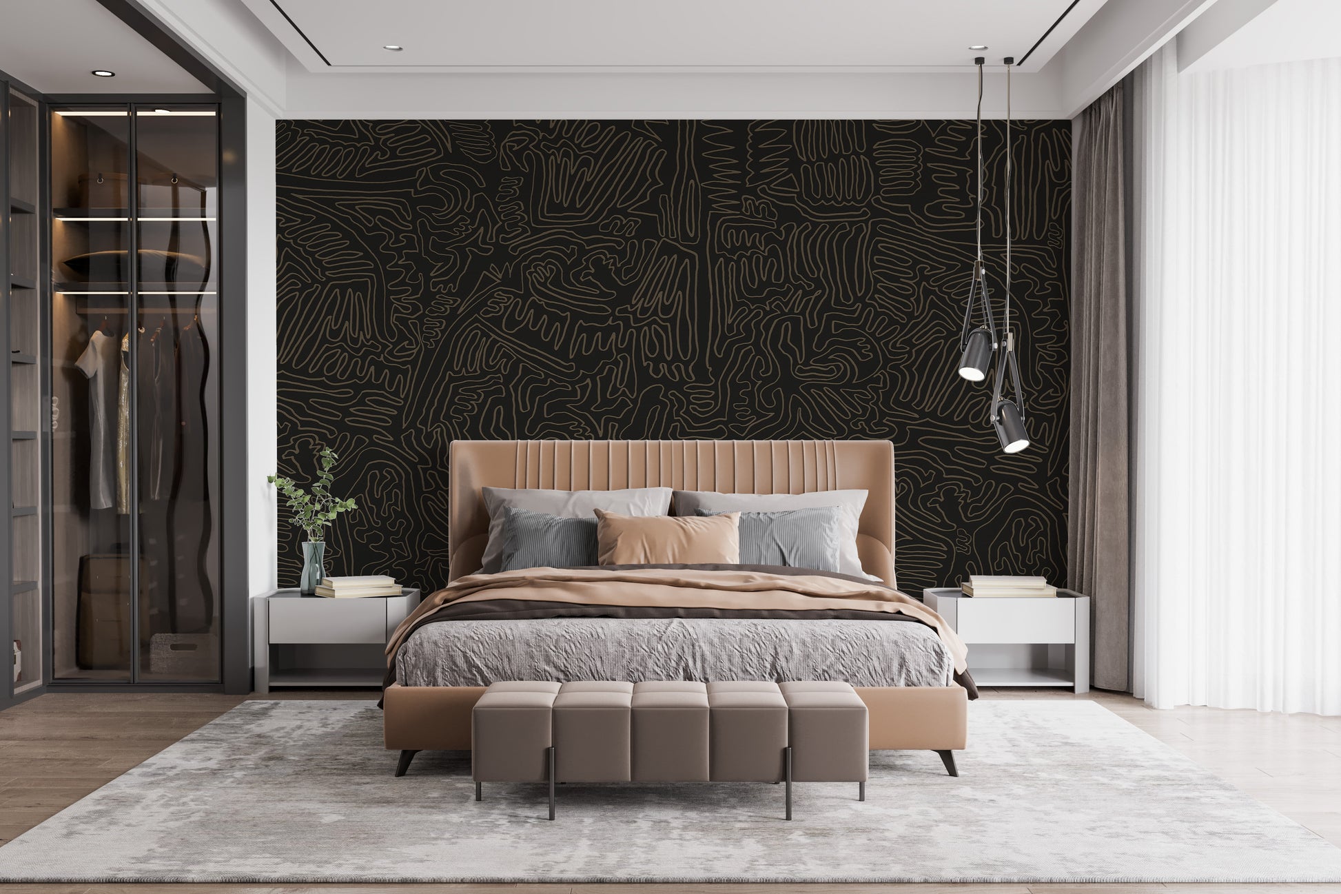 Modern Art Deco mural adds sleek elegance to the bedroom