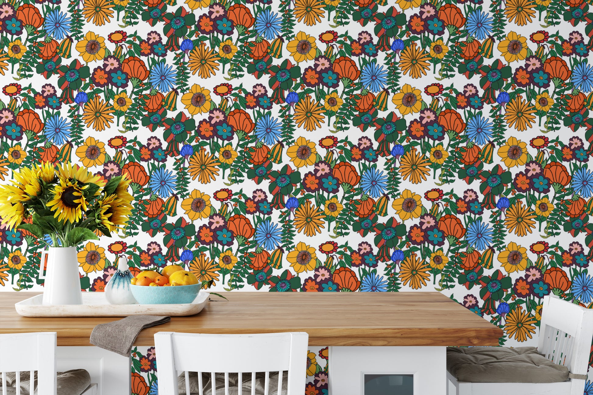 Retro 60s Floral White Background Wallpaper