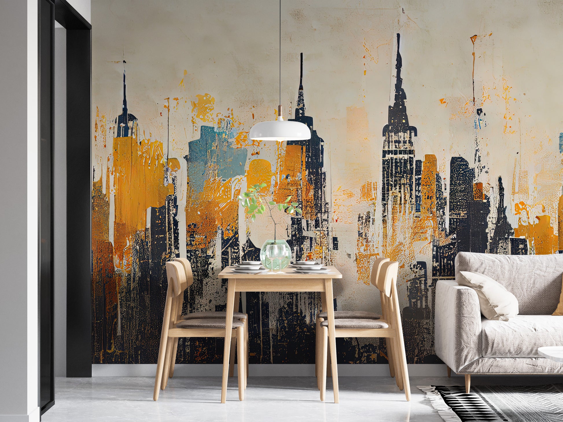 Cityscape-inspired abstract mural wallpaper in bold tones.