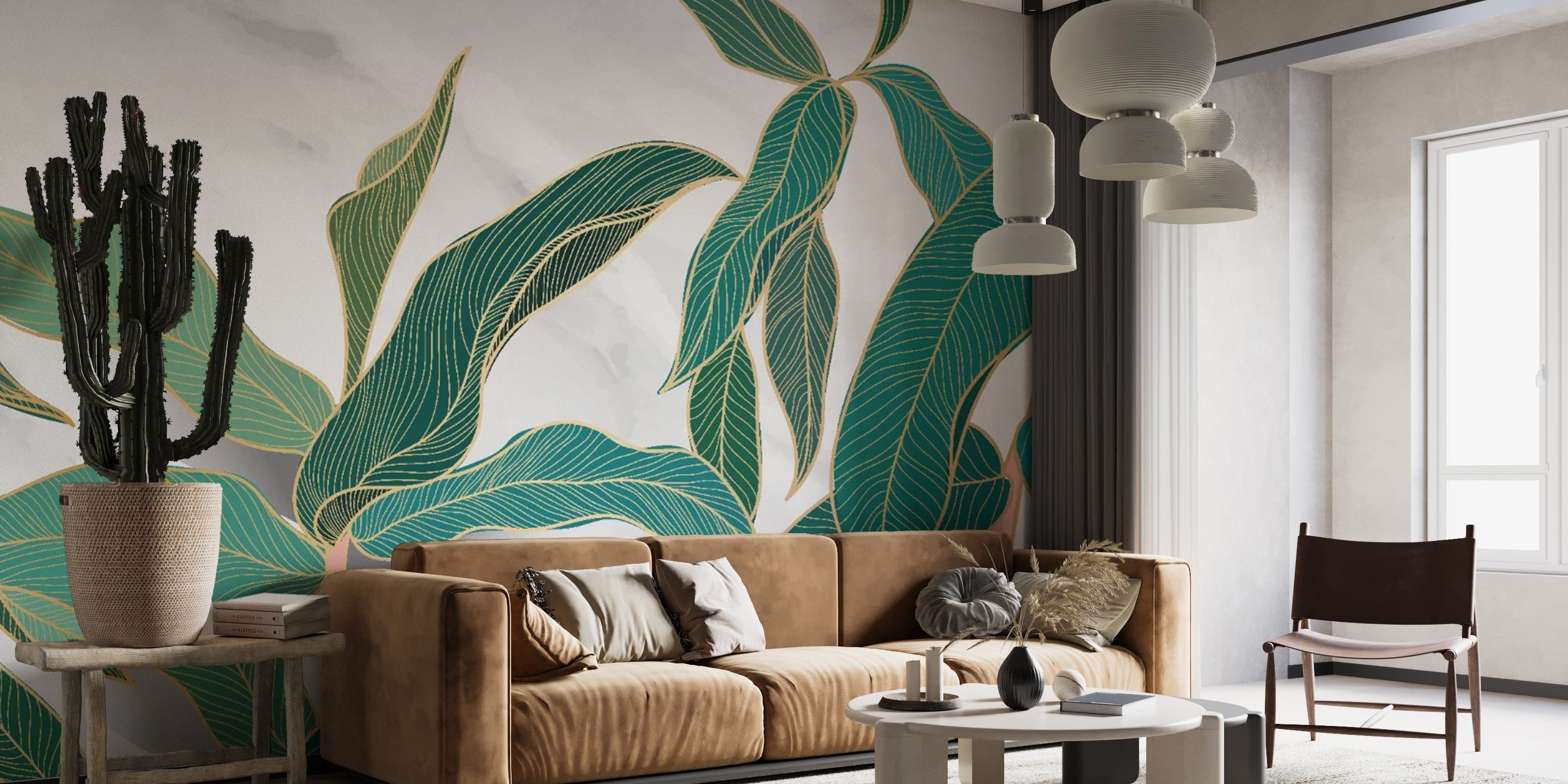 Elegant Gold Rimmed Tropical Leaves Wallpaper