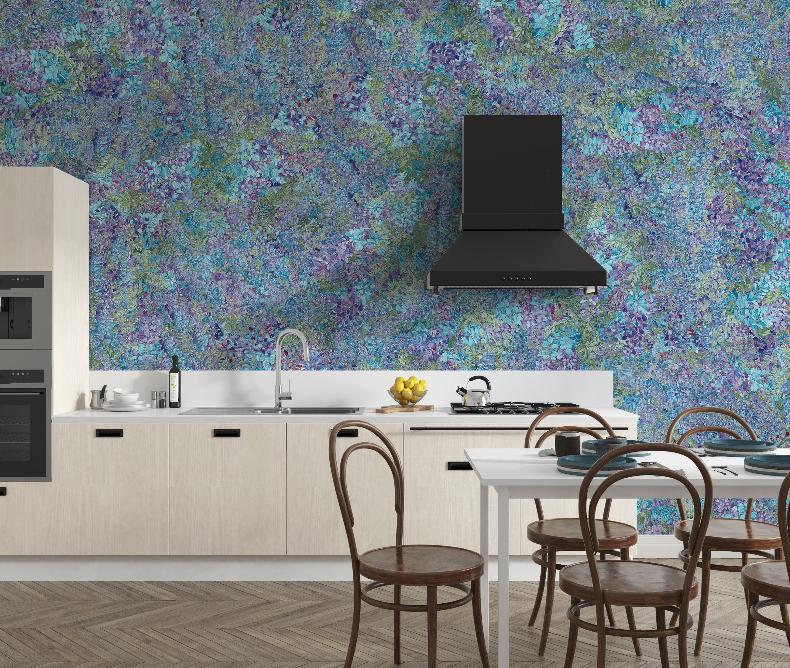 Bright wisteria wallpaper murals for kitchen walls
