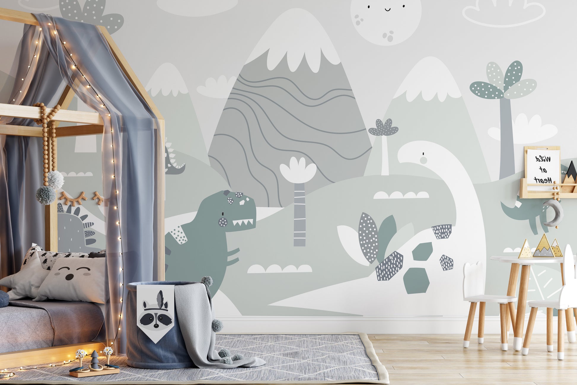 Colorful dinosaur world wallpaper mural design
