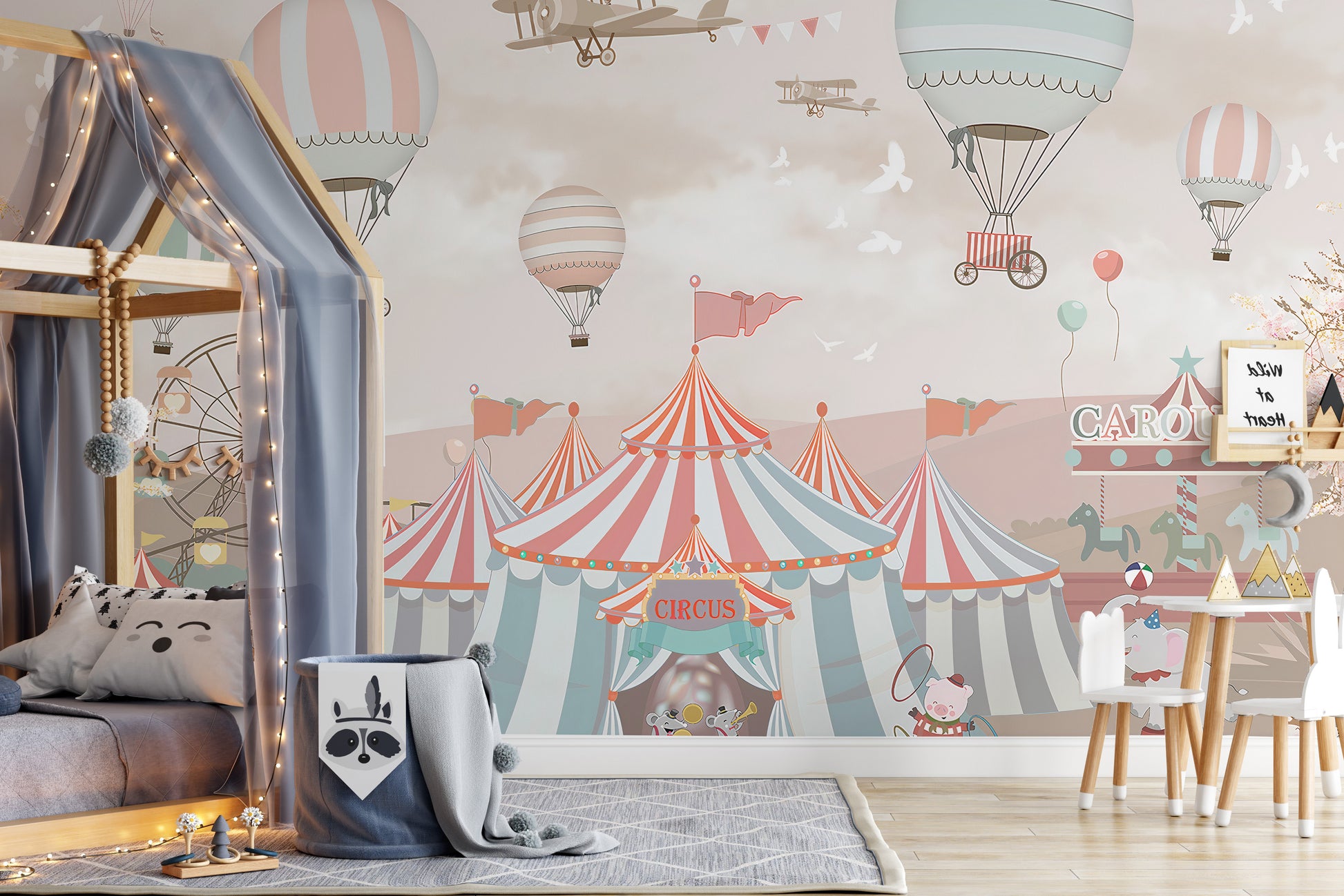 Vibrant circus-themed wall mural in pink
