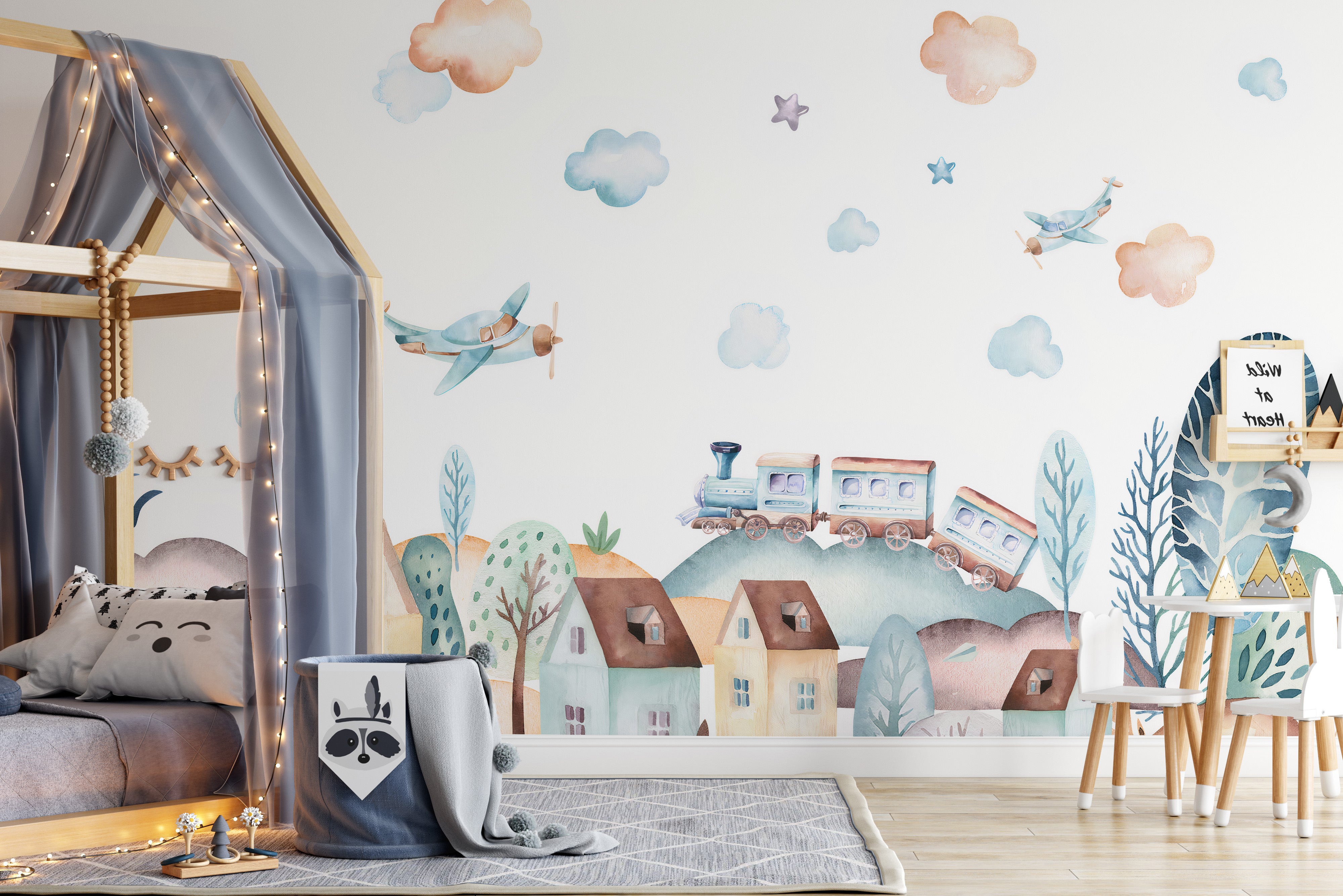 Watercolor Fun Village Wallpaper for Kids Room Decor
