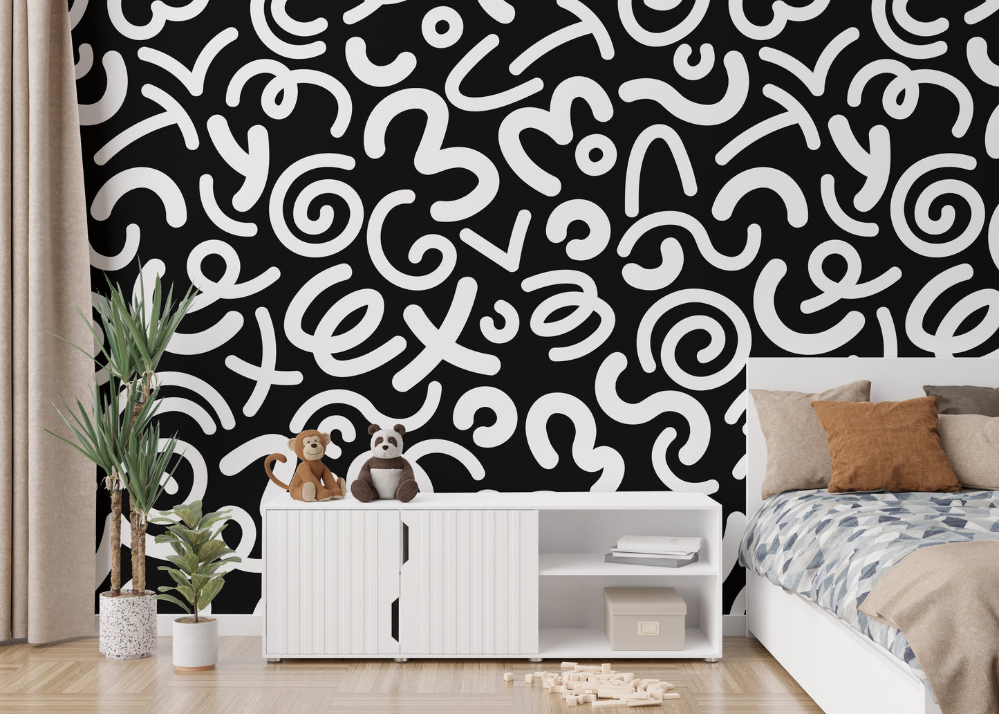 Black and White Abstract Doodle Squiggle Pattern Wallpaper