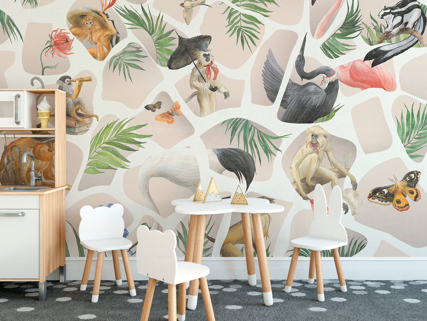 Watercolor monkey and birds mural in pastel pink for walls.
