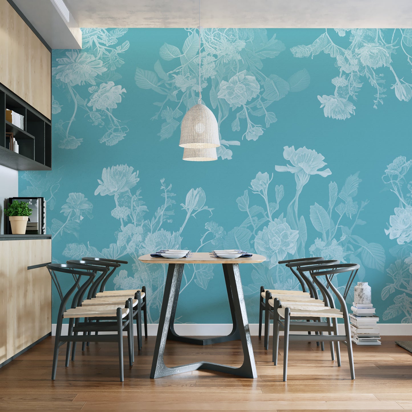 Blue floral wallpaper mural for a relaxing and cozy bedroom design.