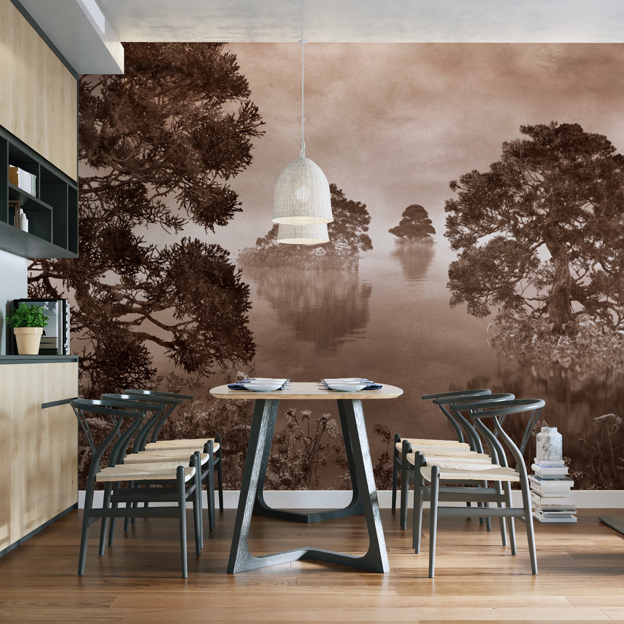 Transform your space with watercolor lake sepia ink monochrome mural.