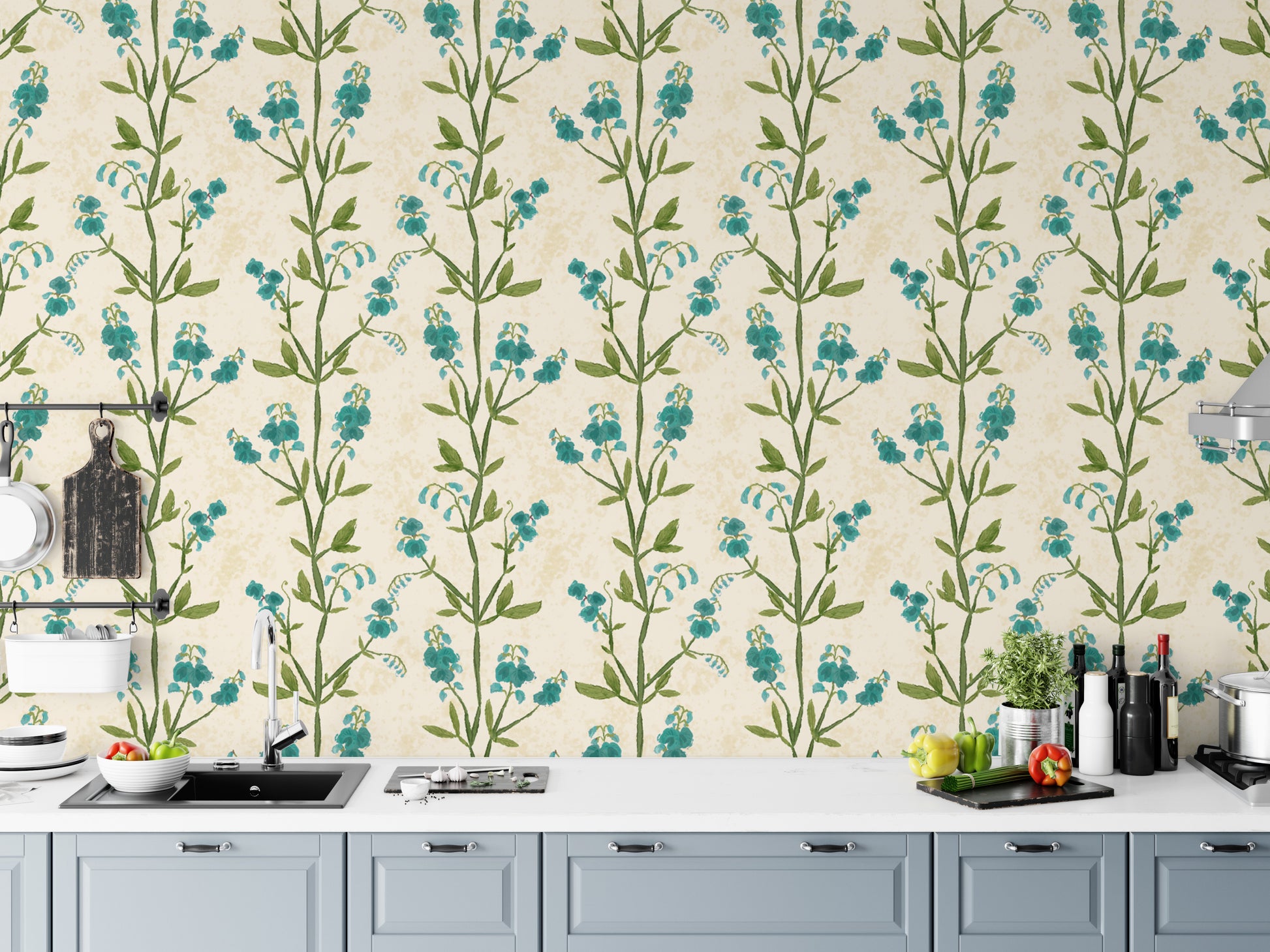 Soft blue sweet peas wallpaper for a serene wall design.
