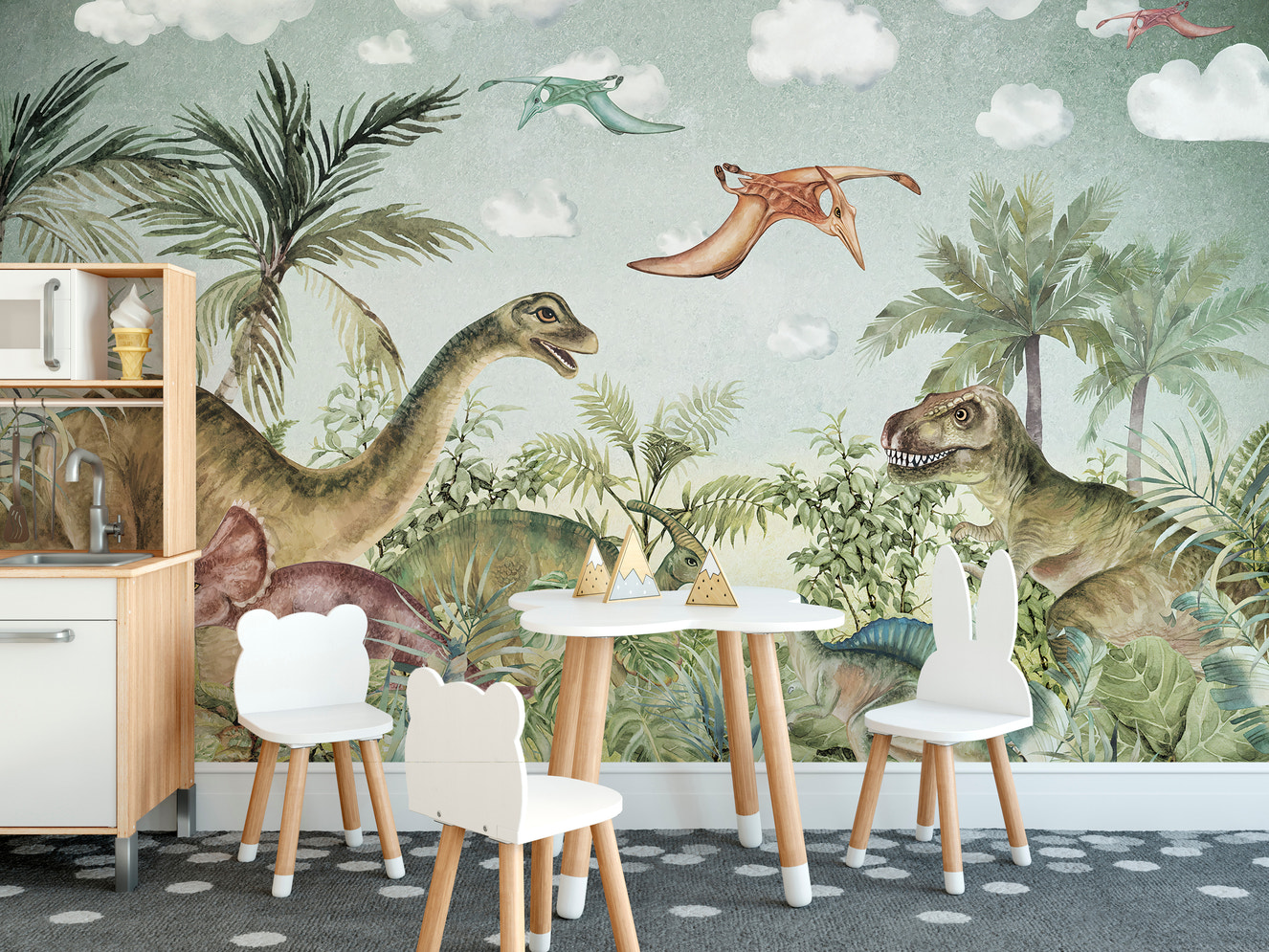 Exciting Jurassic adventure mural for kids' dinosaur-themed rooms.
