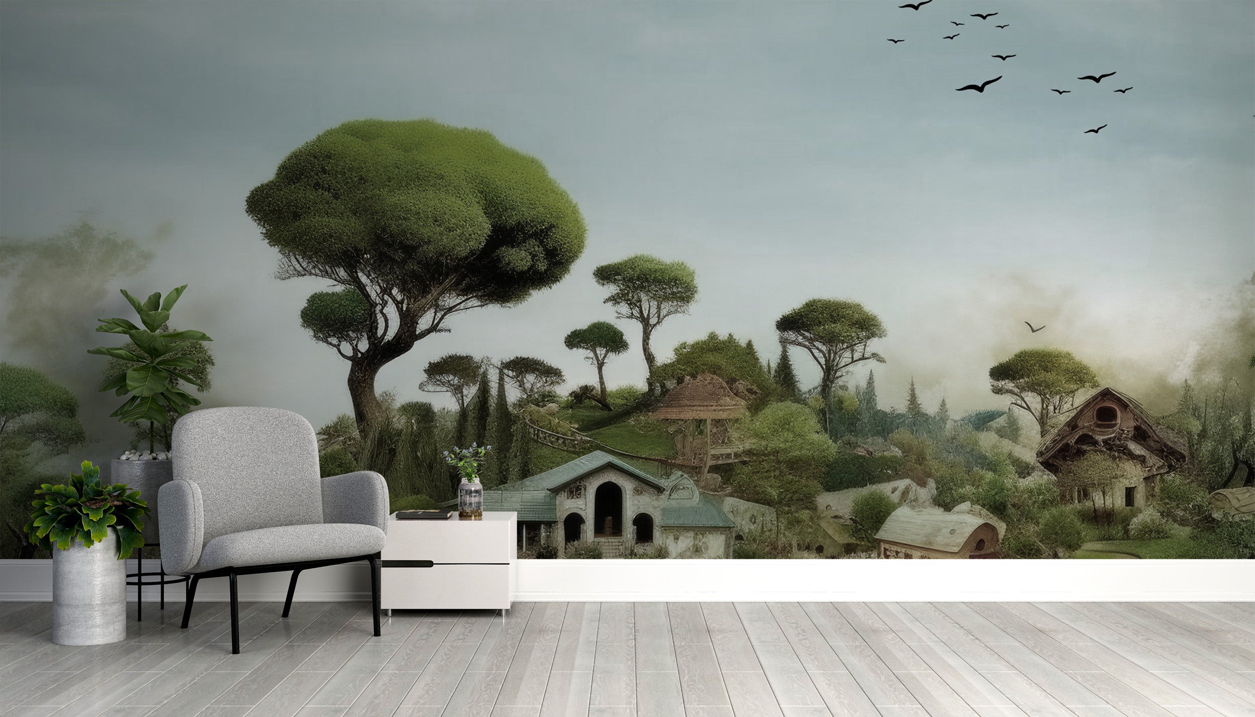 Mystical glade wallpaper mural with soft, dreamy forest hues