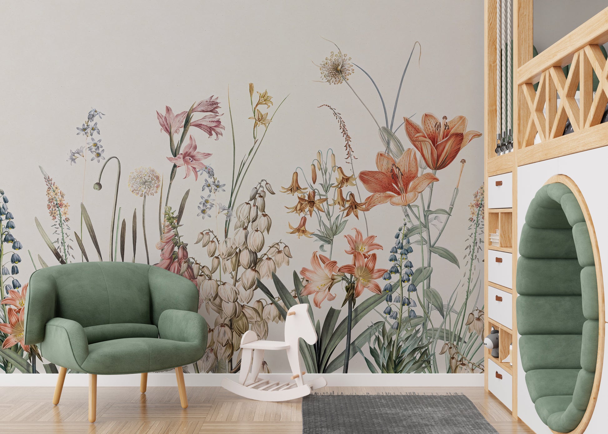 Scenic floral mural with hand-painted details
