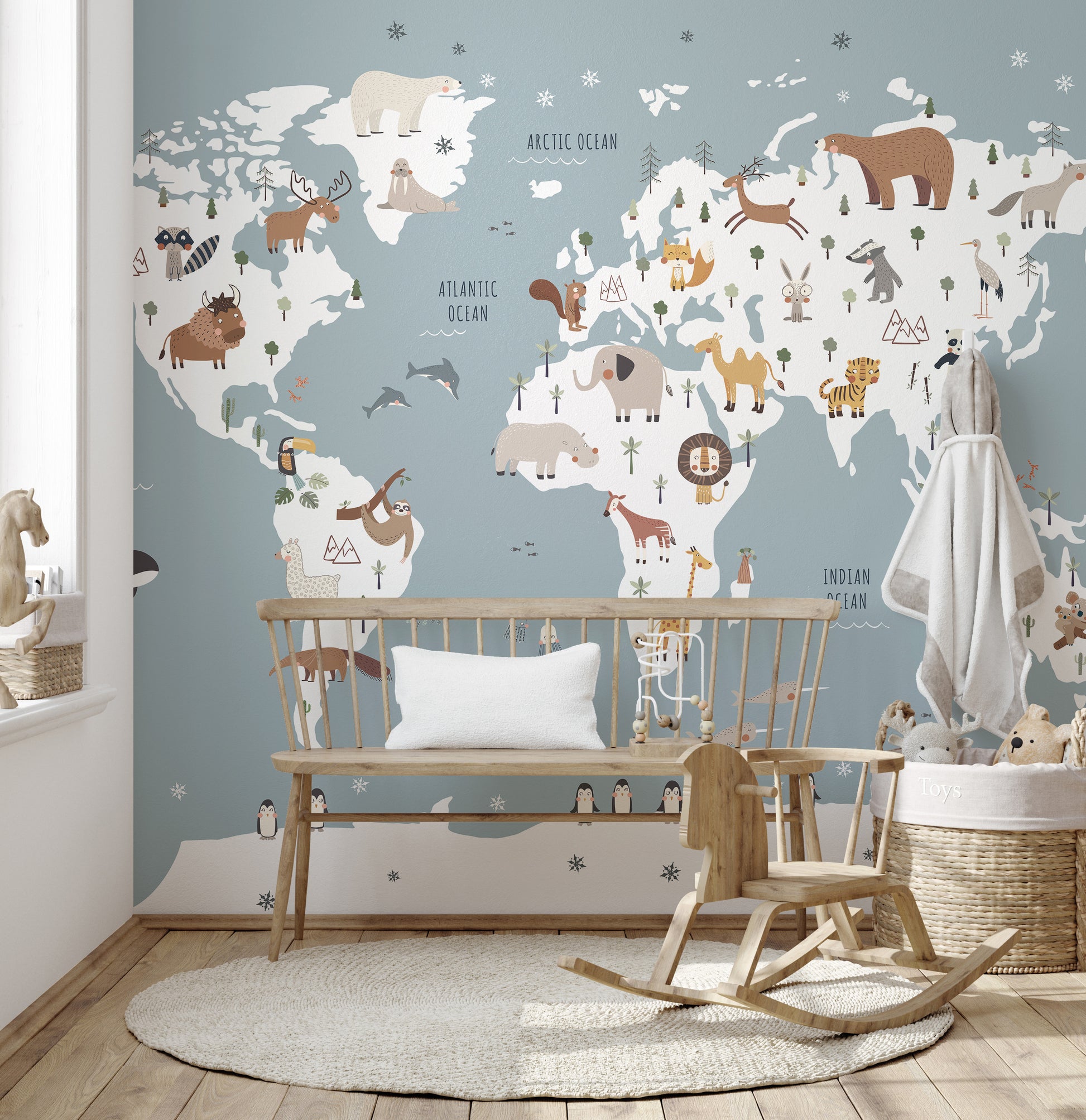 Blue educational map wallpaper for nurseries
