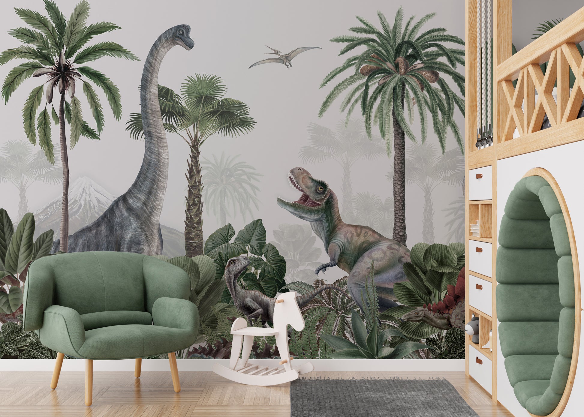 Dinosaur jungle wallpaper for walls with detailed watercolor