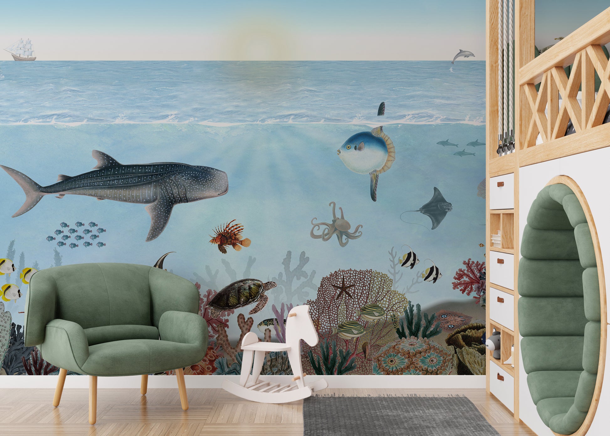 Ocean Lookbook mural wallpaper with vibrant sea creatures