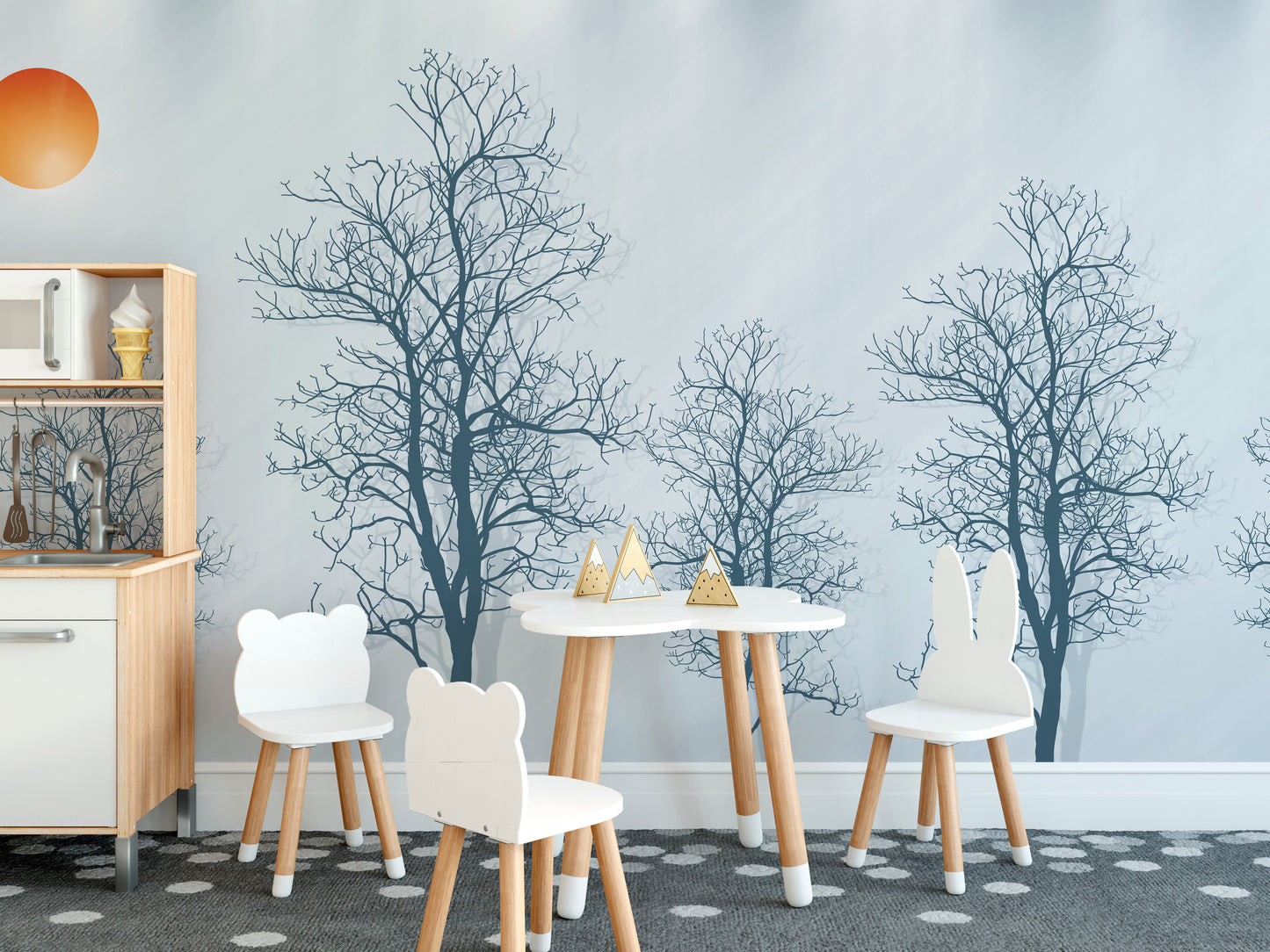 Contours of trees mural with a bold red sun for modern interiors.
