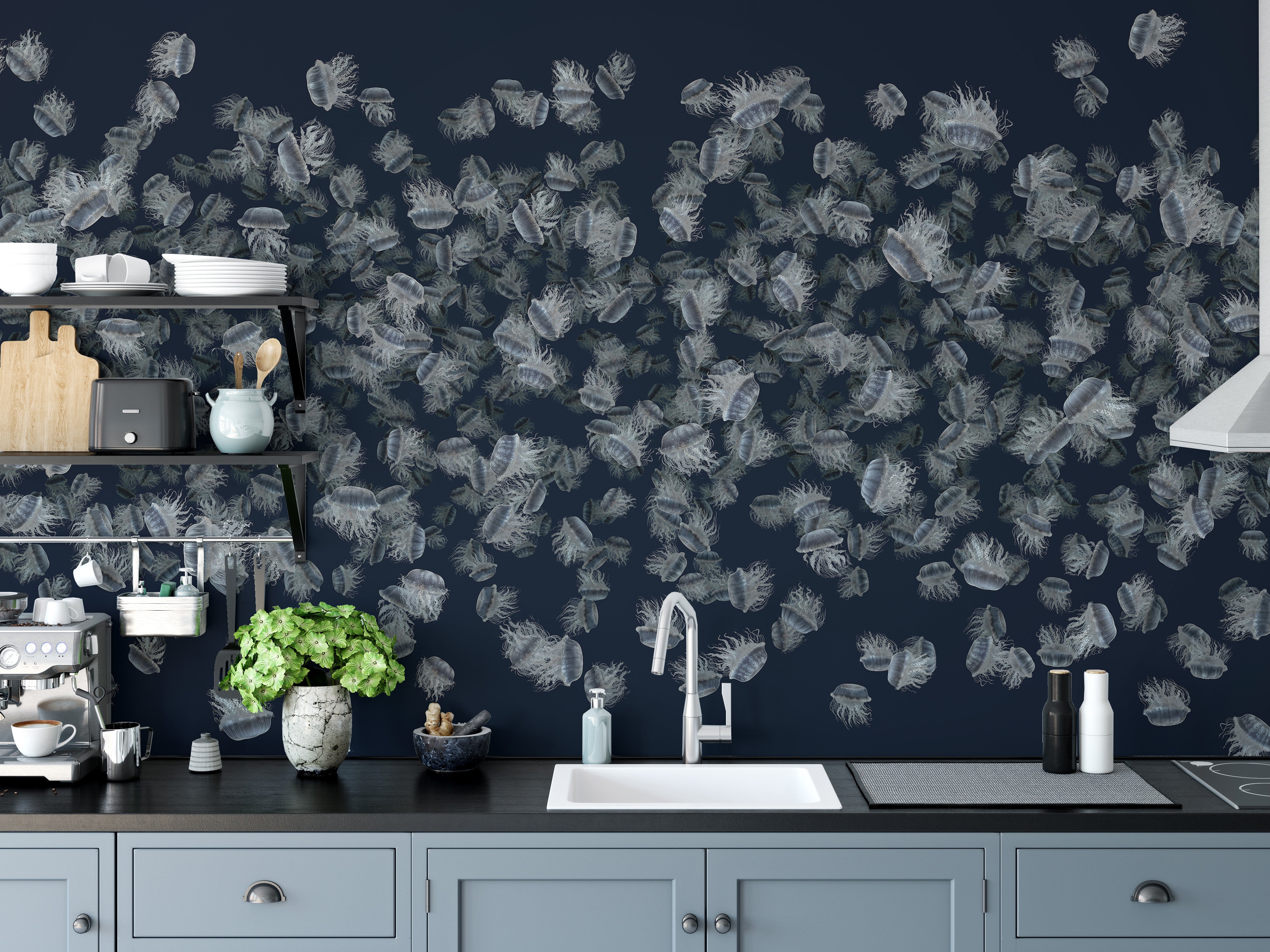 Floating jellyfish mural in white on blue wallpaper
