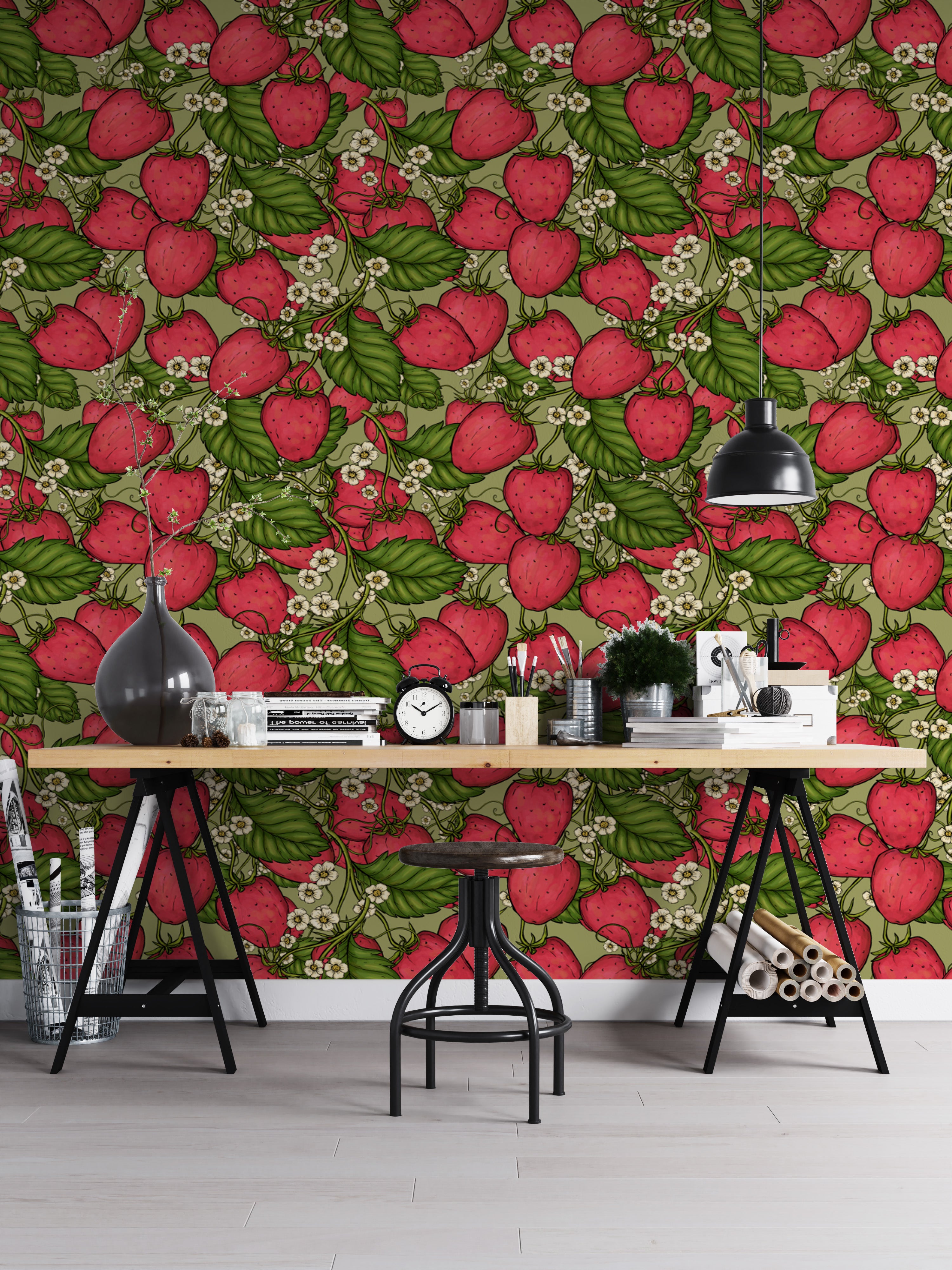 Sophisticated pink strawberry forest mural for chic and stylish walls.
