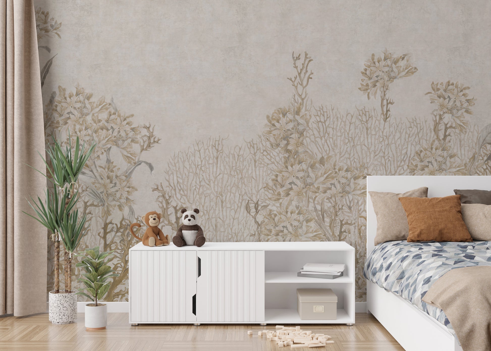 Monotone flower-themed sepia wall mural
