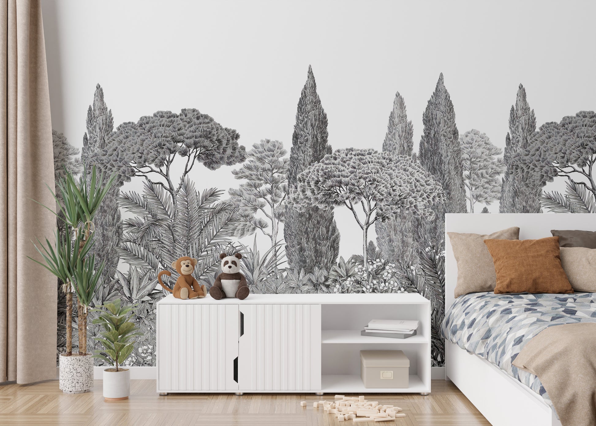 Whimsical gray deodar trees wall mural design
