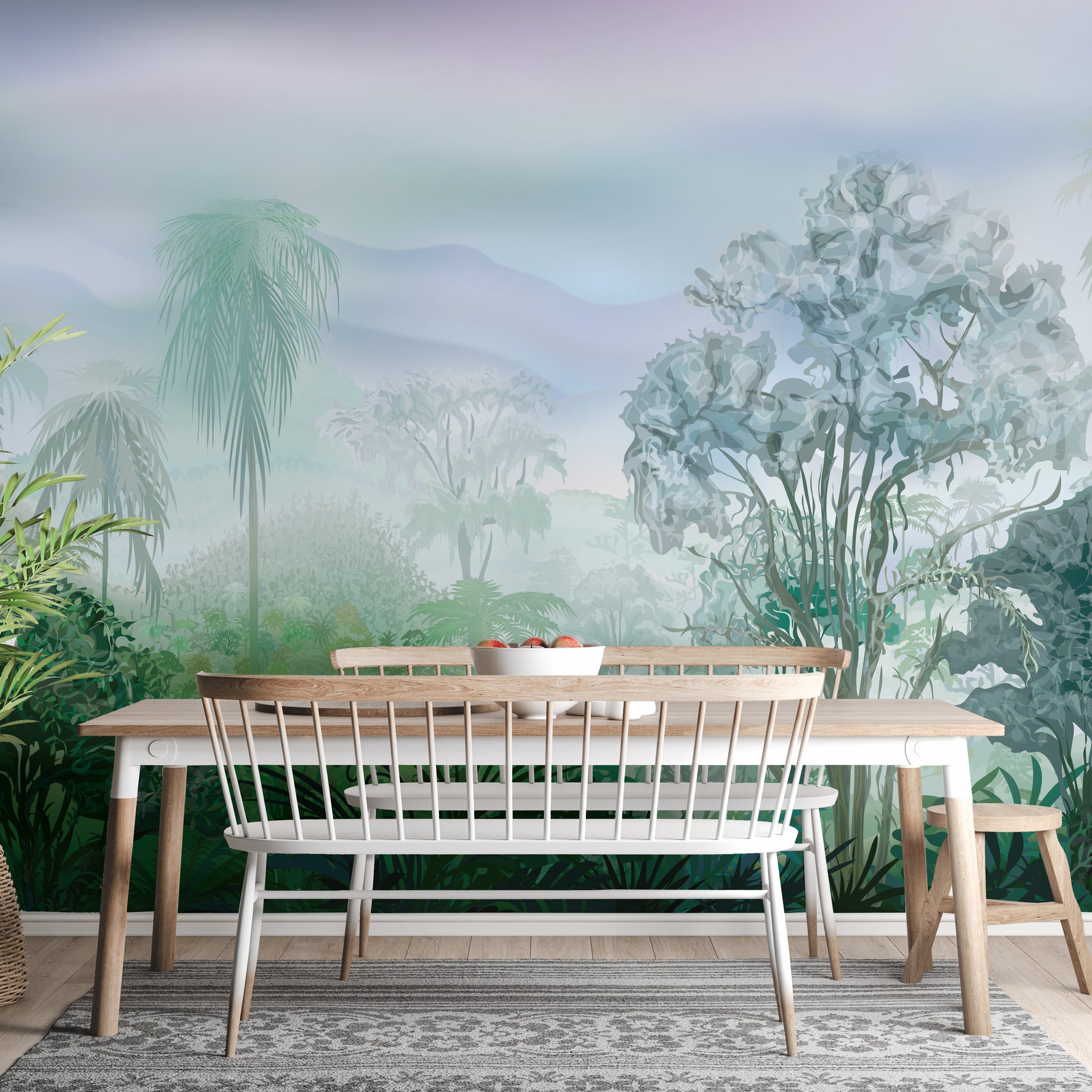 Serene misty jungle mural design