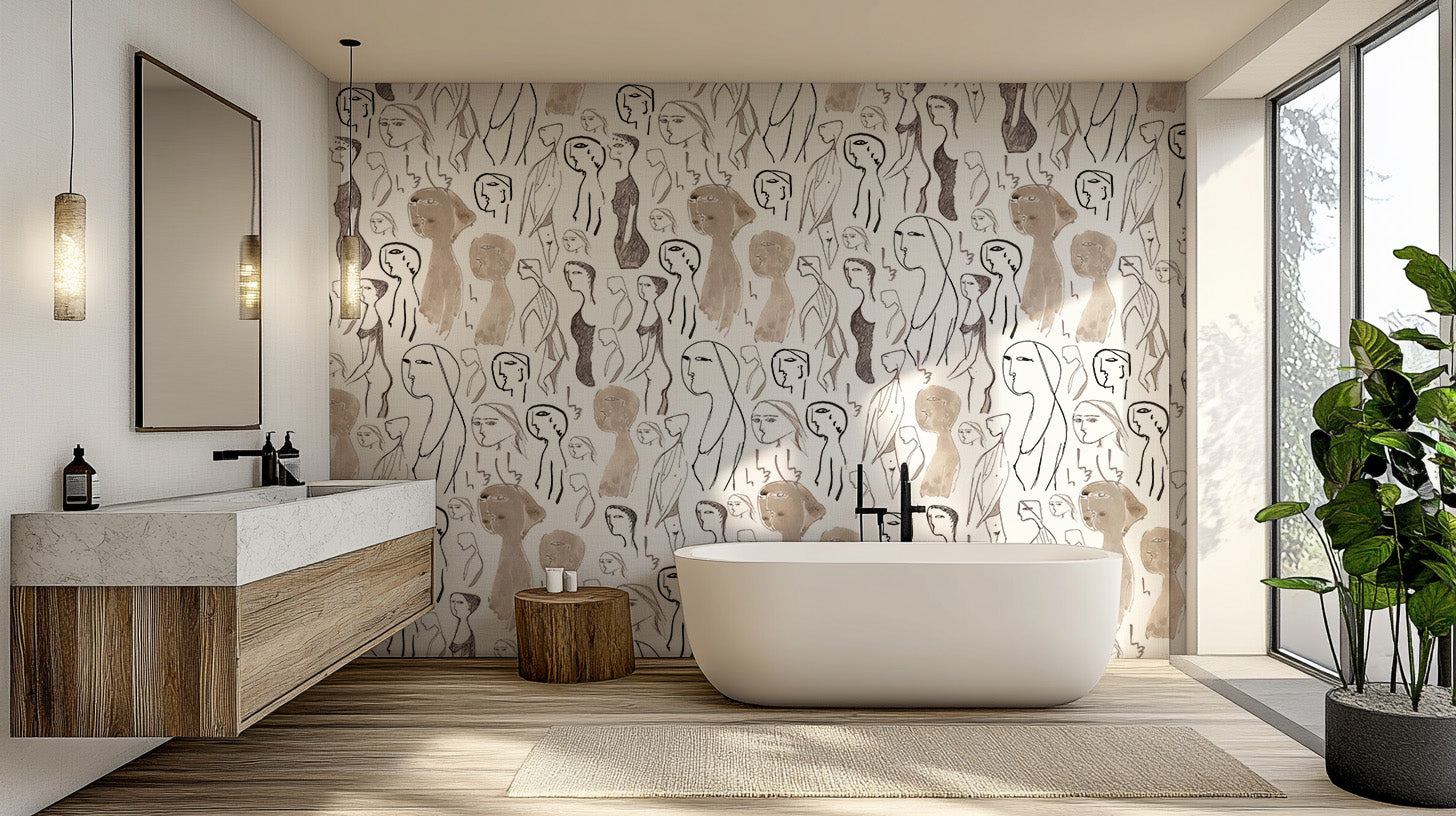 Abstract faces mural adds charm to bathrooms