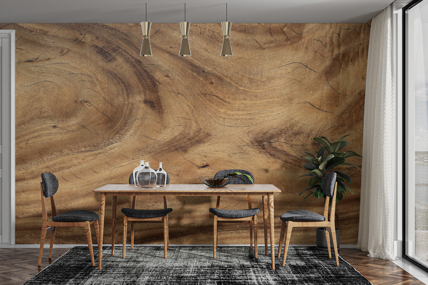 Rustic wood effect wallpaper for warm and cozy interiors.