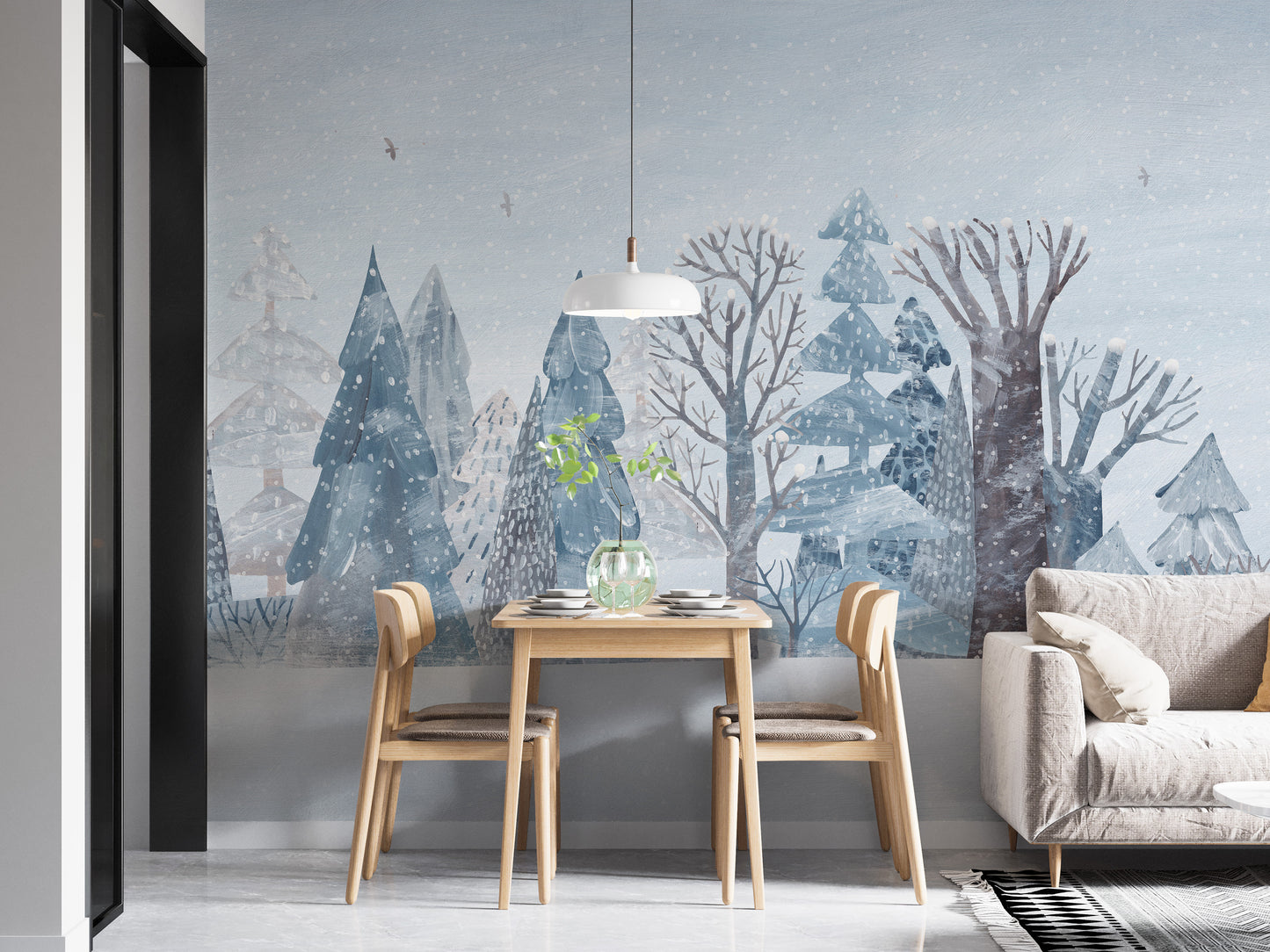 Peaceful winter forest wallpaper mural for cozy spaces.