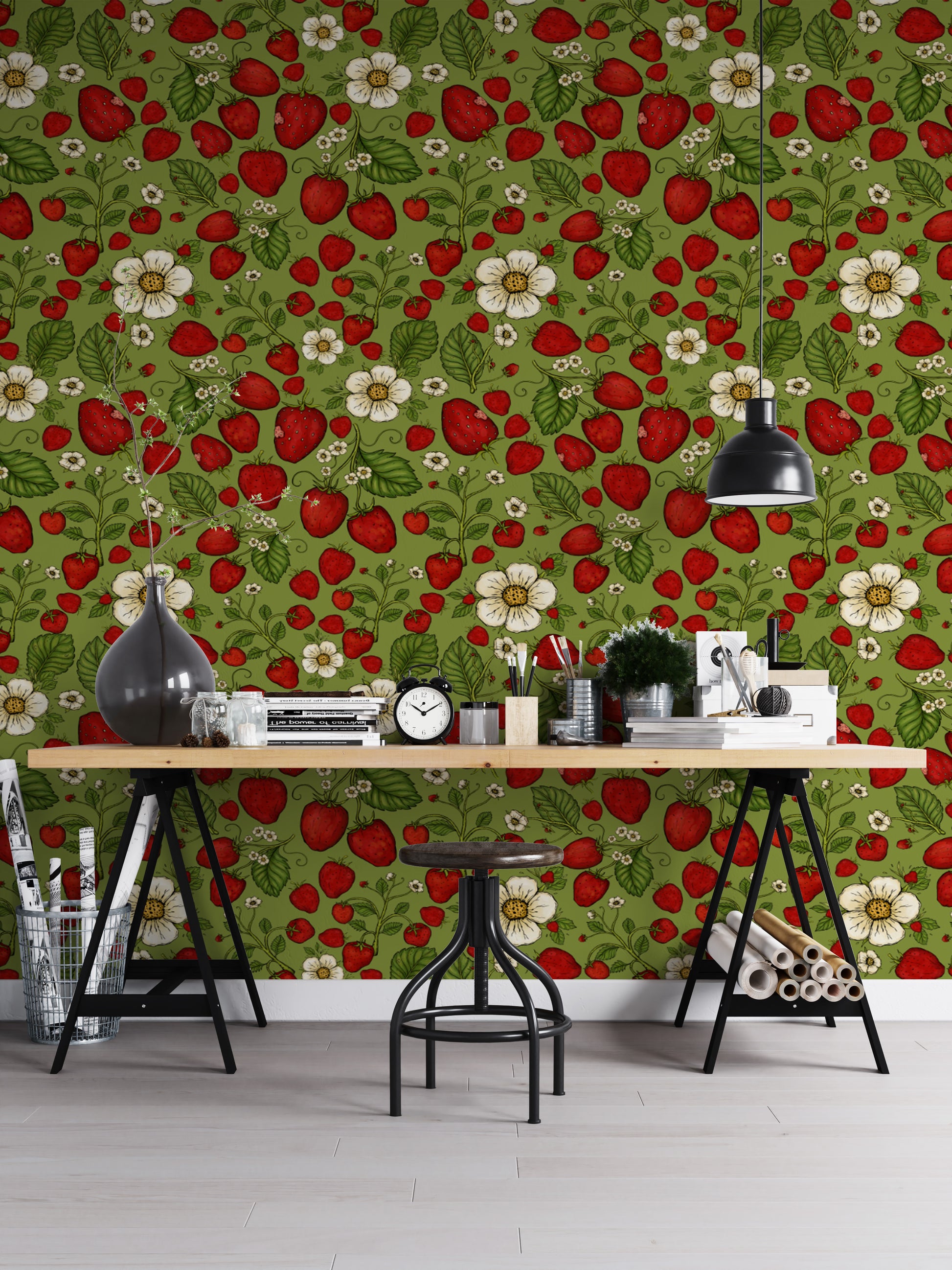 Strawberry design wallpaper with a bold green backdrop.
