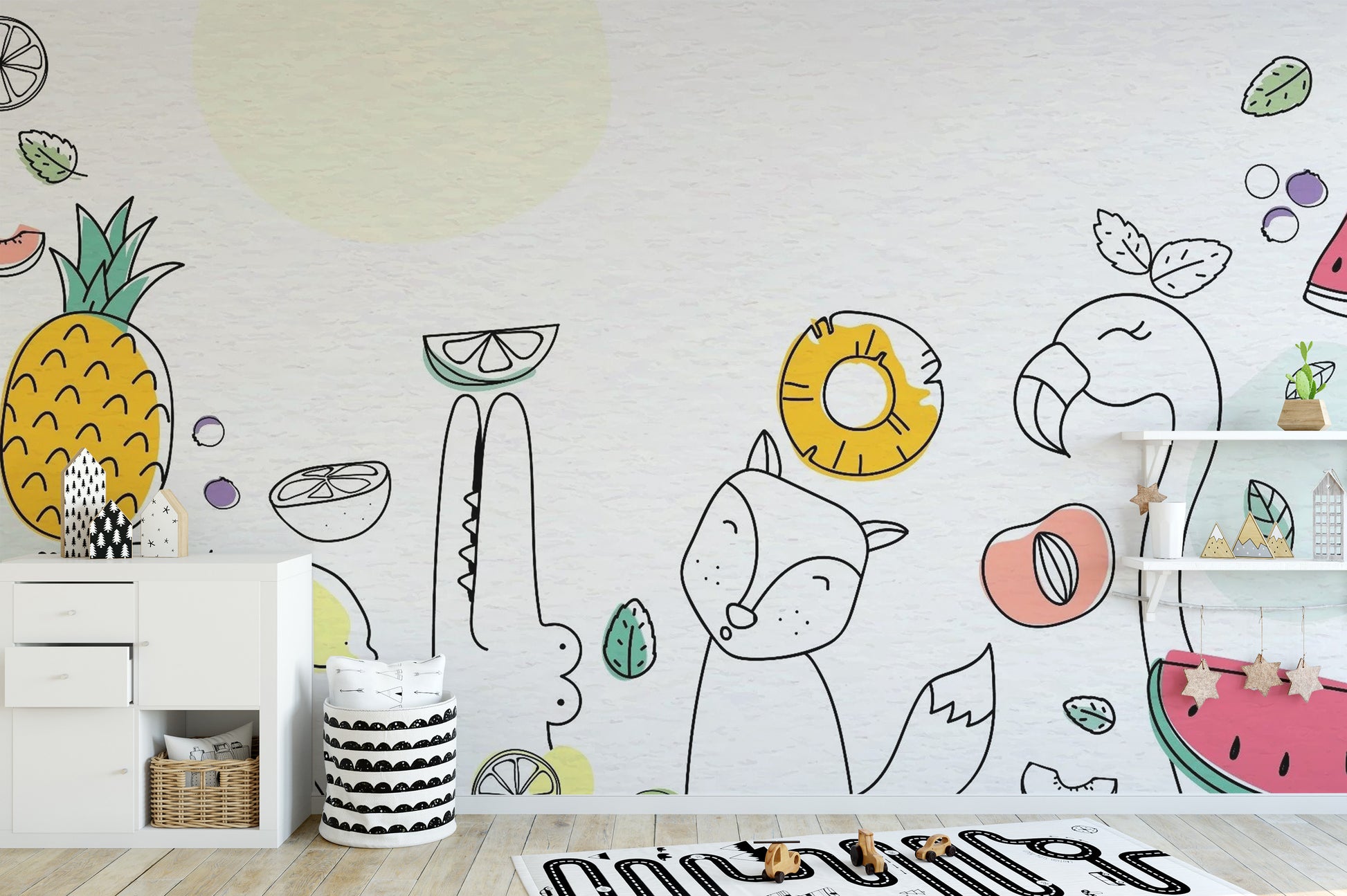 Nursery wallpaper mural with playful fruits
