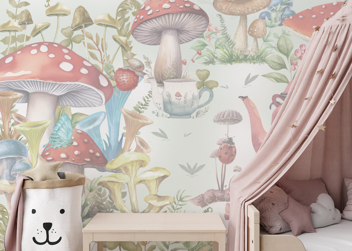 Whimsical Mushroom Garden wallpaper adds charm