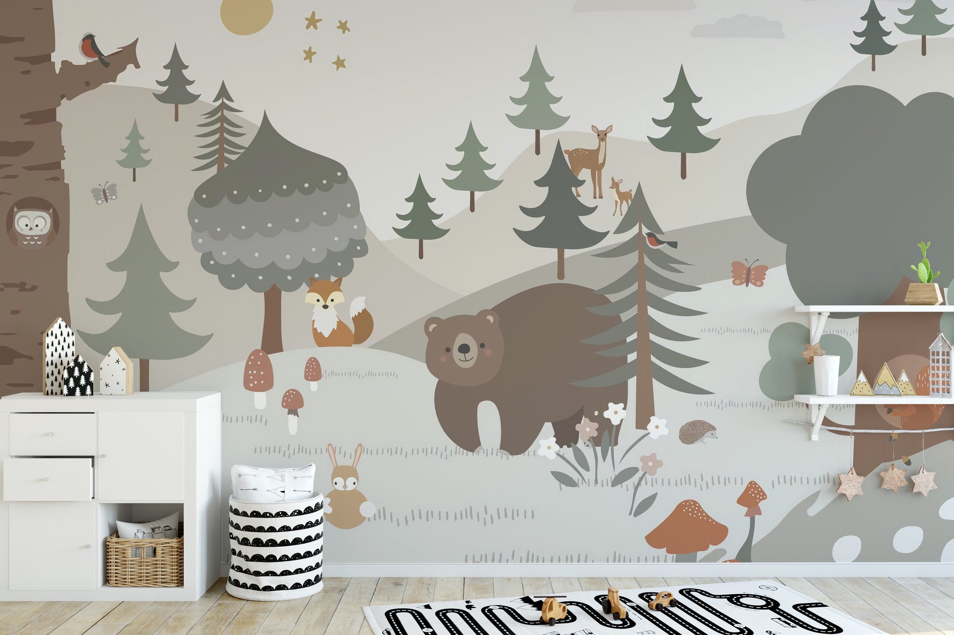 Serene snowy forest wallpaper mural for children
