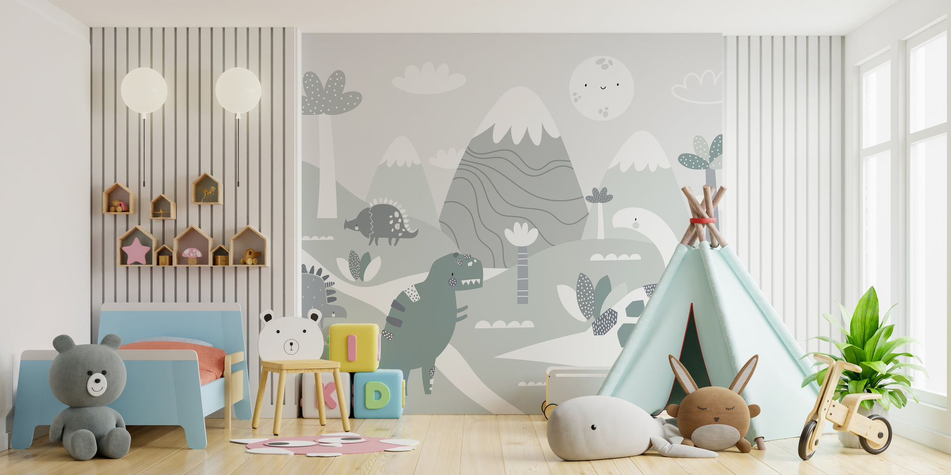 Whimsical dinosaurs wall mural for kids
