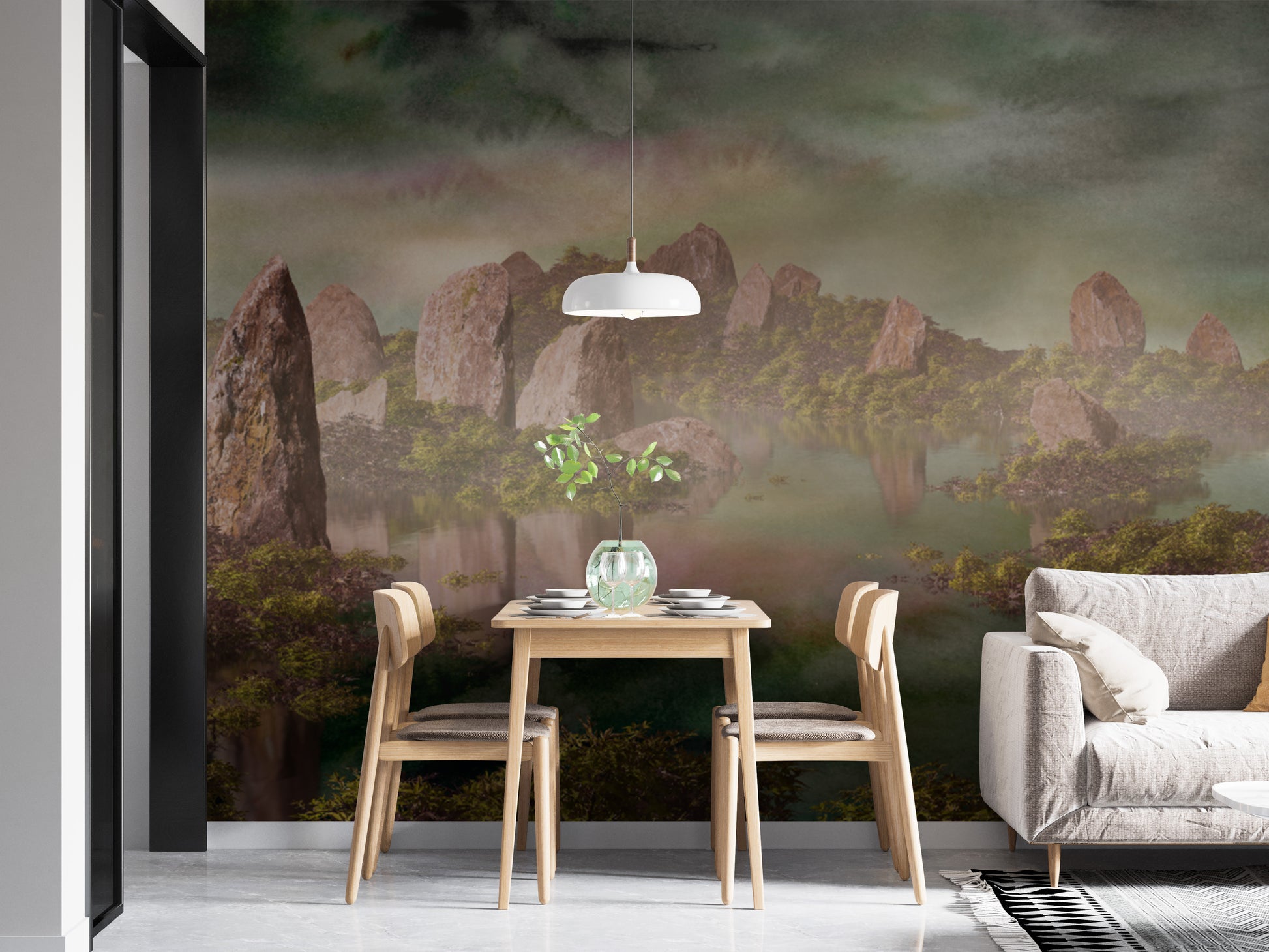 Transform your space with a green Chinese landscape mural wallpaper.